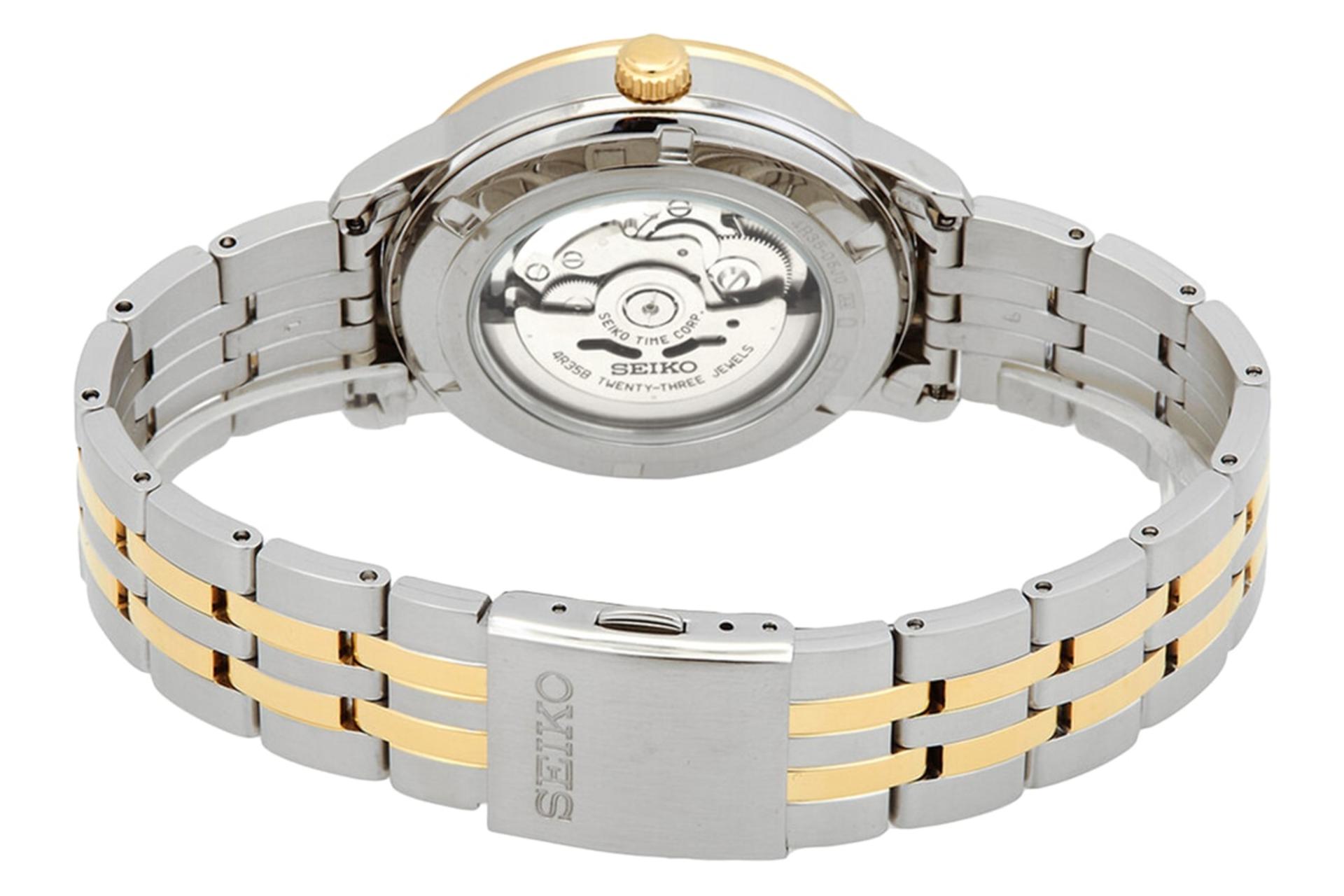 نمای داخل بند ساعت مچی مردانه سیکو Discover More SRPH92 با نمایش پنل پشت و لوگو