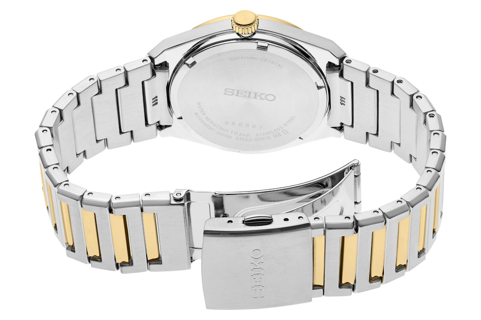 نمای داخل بند ساعت مچی مردانه سیکو Discover More SUR558 با نمایش لوگو و پنل پشت