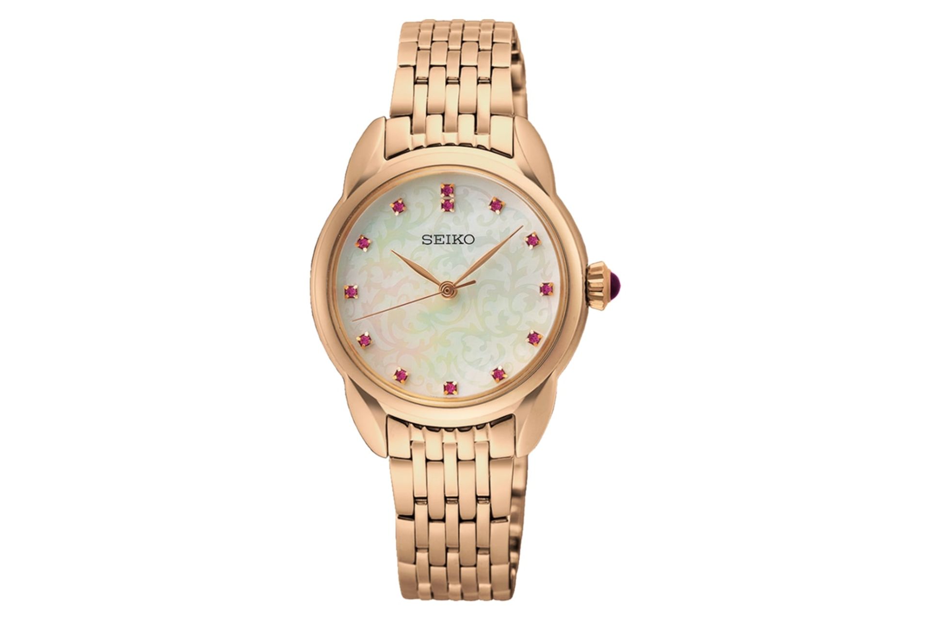 نمای جلوی ساعت مچی زنانه سیکو Classic SUR564 با نمایش عقربه‌ها، لوگو، بند و پیچ تنظیم