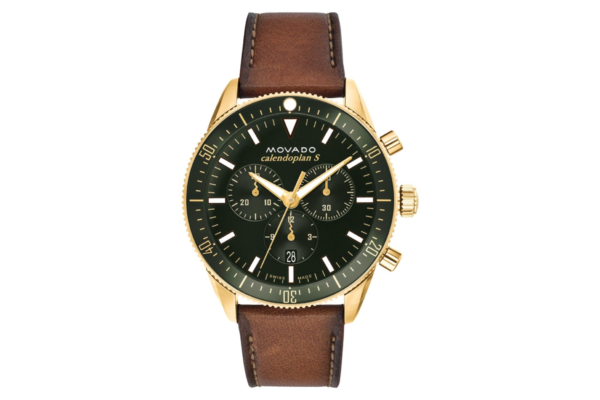 نمای جلوی ساعت مچی مردانه موادو Heritage Calendoplan S Chronograph 3650122 با نمایش عقربه و لوگو