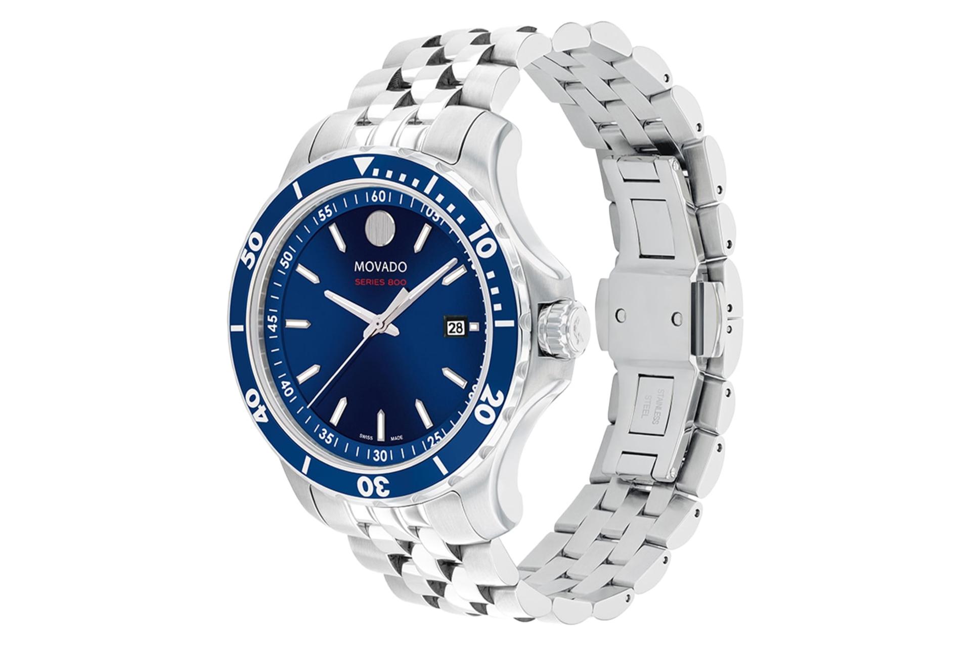 نمای نیمرخ ساعت مچی مردانه موادو Series 800 2600183 با نمایش بند و پیچ تنظیم