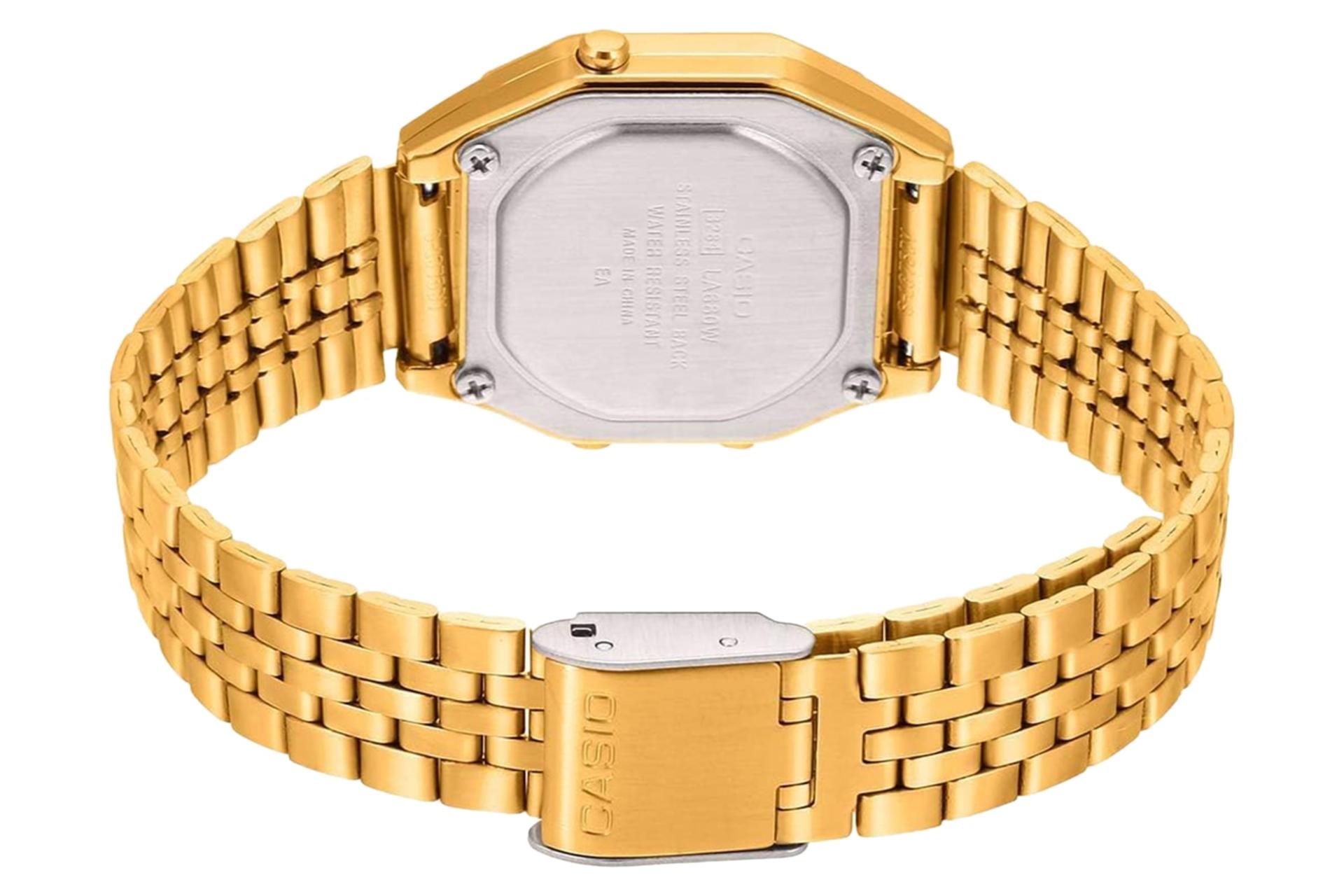 نمای پشت ساعت مچی زنانه کاسیو Vintage LA680WGA-4C با نمایش بند، لوگو و پنل پشت