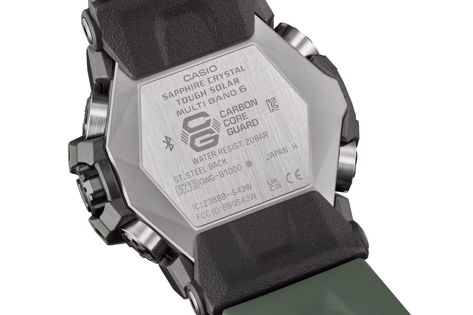 نمای پشت ساعت مچی مردانه کاسیو جی شاک GWG-B1000-3A با نمایش لوگو و اطلاعات ساعت