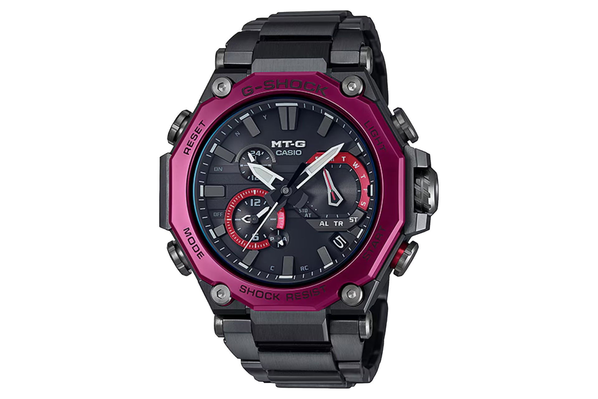 نمای جلوی ساعت مچی مردانه کاسیو جی شاک MTG-B2000BD-1A4 با نمایش فریم، صفحه و پیچ تنظیم