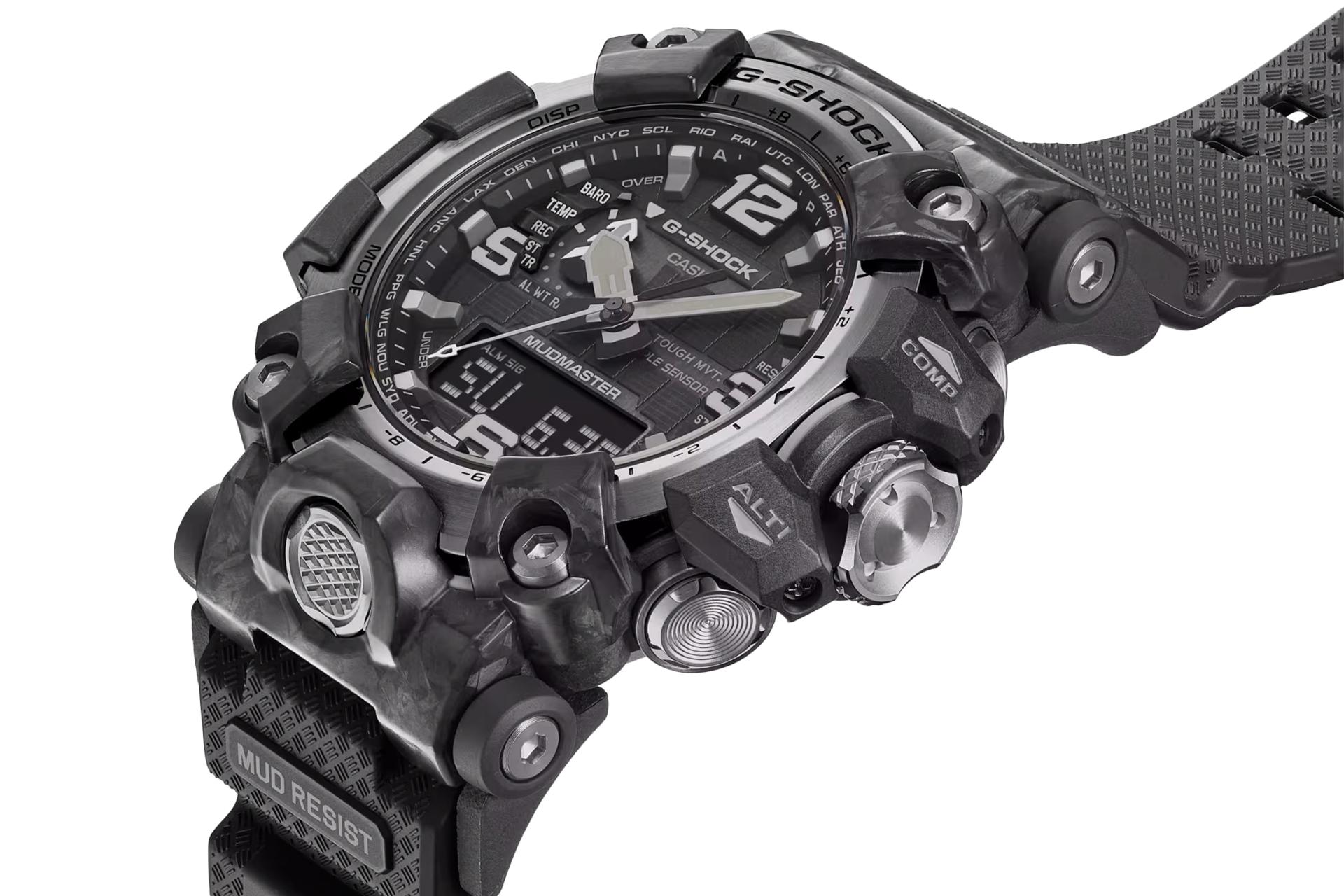 نمای نیمرخ ساعت مچی مردانه کاسیو جی شاک GWG-2000-1A1 با نمایش بند و پیچ تنظیم