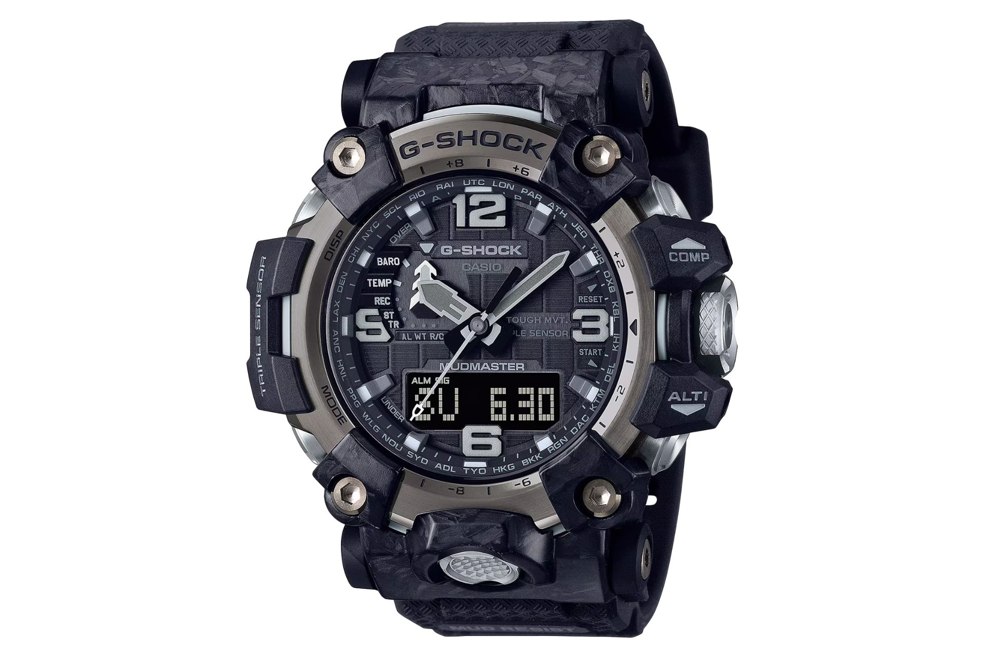 نمای جلوی ساعت مچی مردانه کاسیو جی شاک GWG-2000-1A1 با نمایش صفحه و فریم