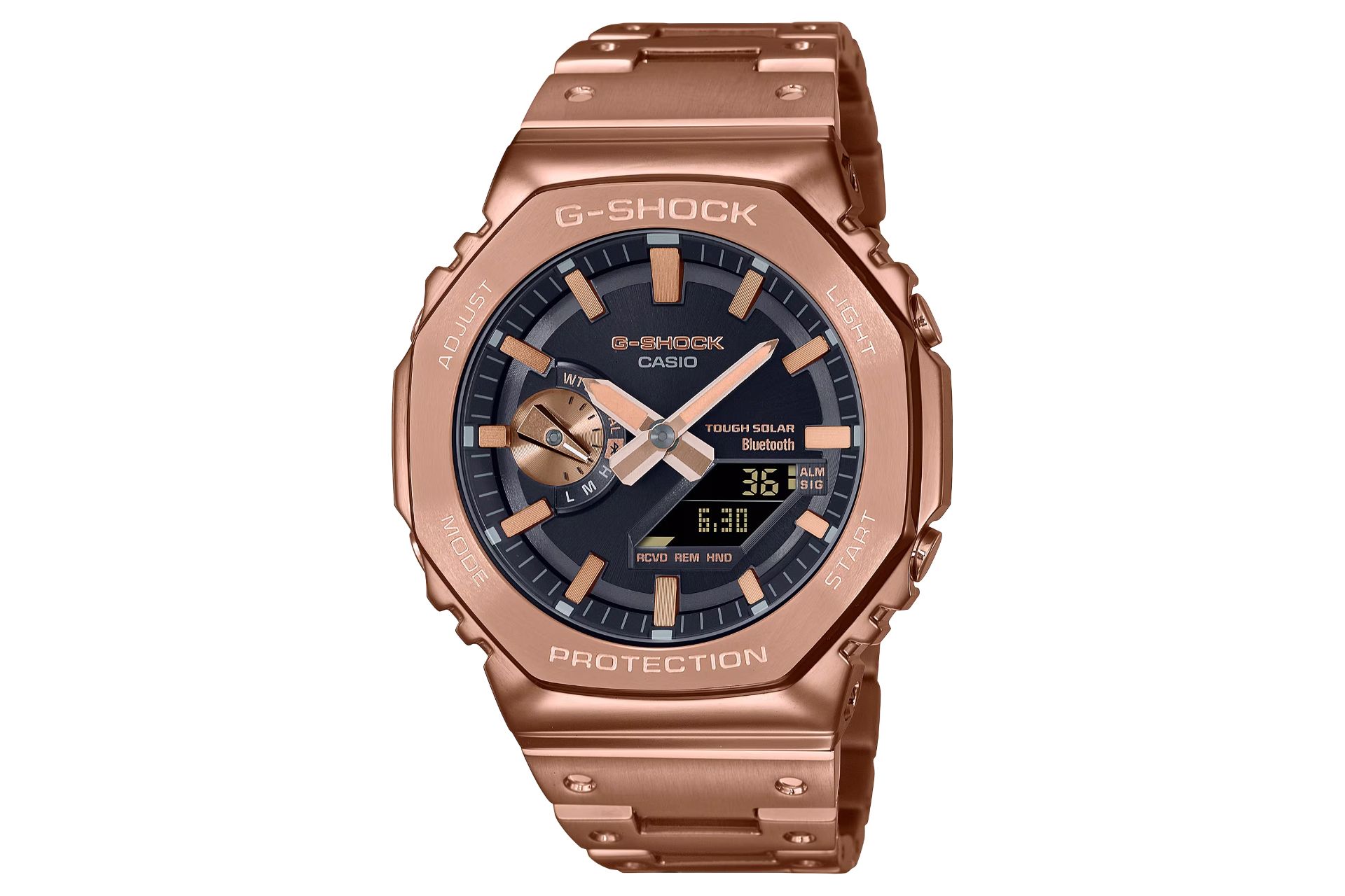 نمای جلوی ساعت مچی مردانه کاسیو جی شاک GM-B2100GD-5A با نمایش فریم و صفحه