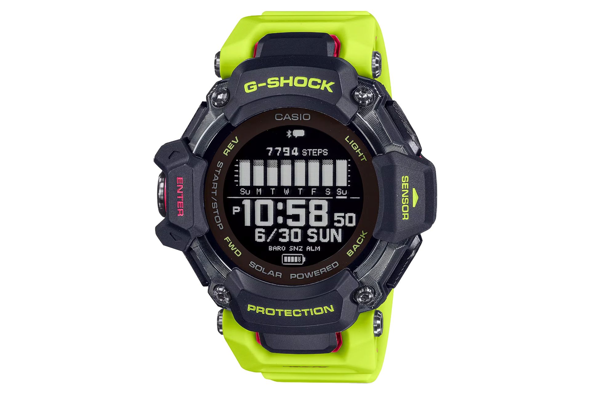 نمای جلوی ساعت مچی مردانه کاسیو جی شاک GBD-H2000-1A9 با نمایش صفحه و فریم