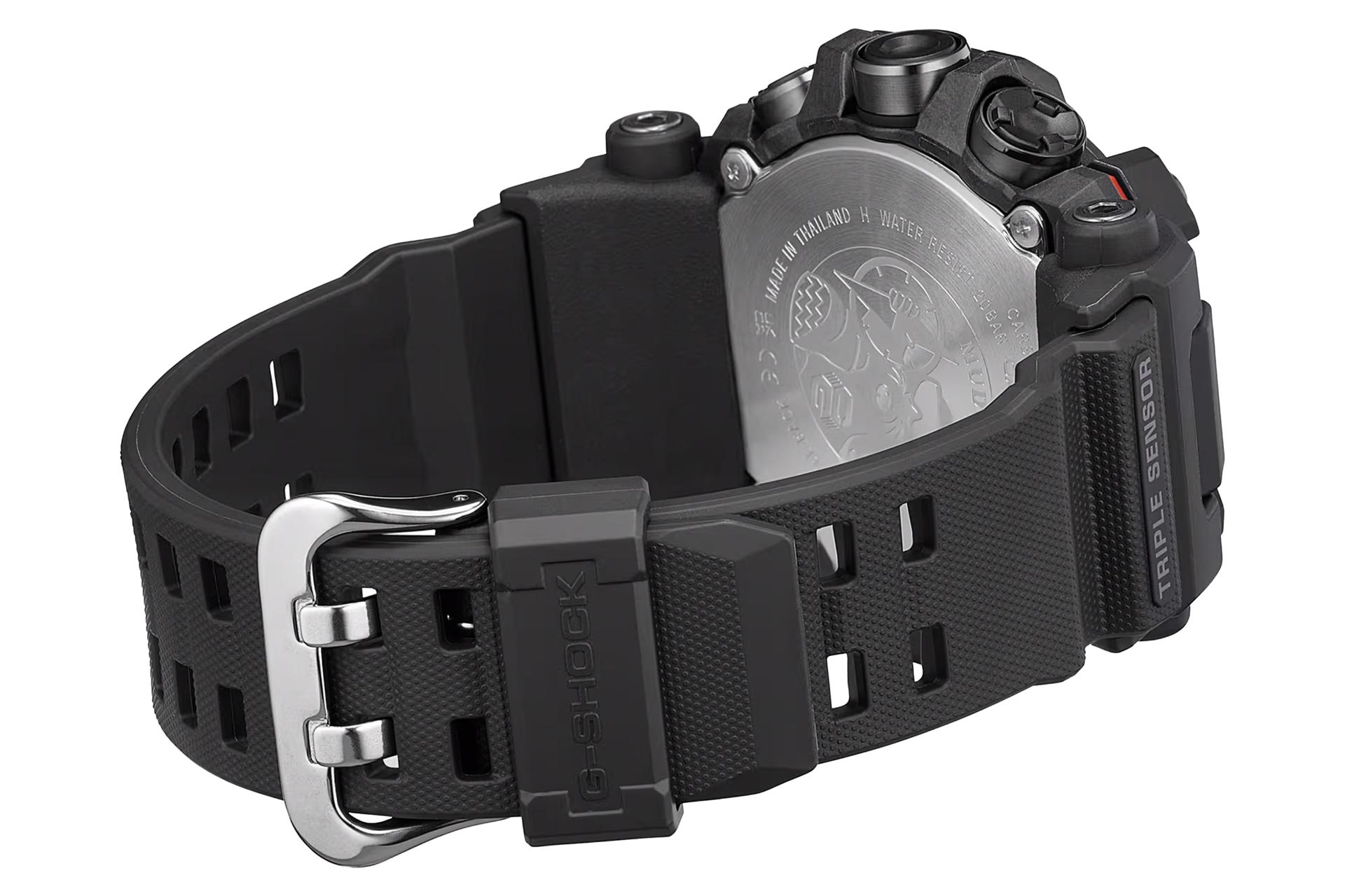 نمای پشت ساعت مچی مردانه کاسیو جی شاک GW-9500MEC-1 با نمایش بند، قفل و لوگو