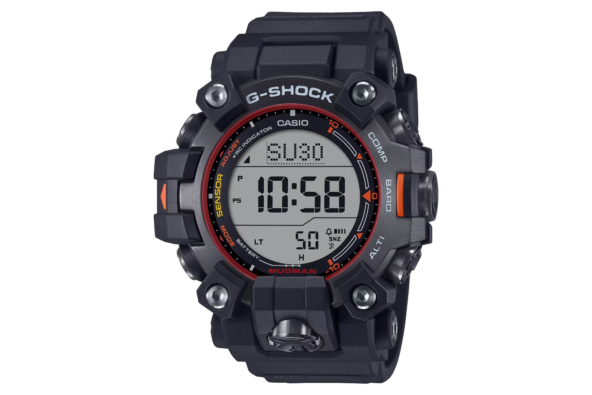 نمای جلوی ساعت مچی مردانه کاسیو جی شاک GW-9500MEC-1 با نمایش صفحه و فریم