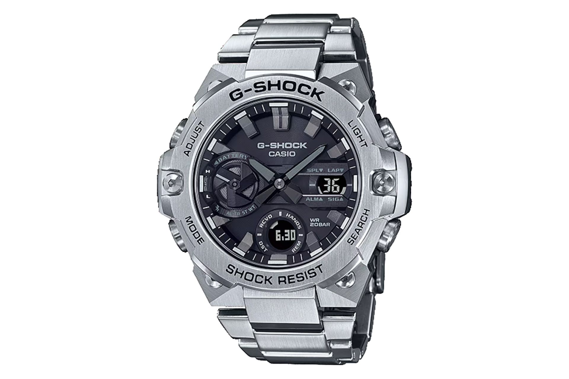 نمای جلوی ساعت مچی مردانه کاسیو جی شاک GST-B400D-1A با نمایش فریم و صفحه