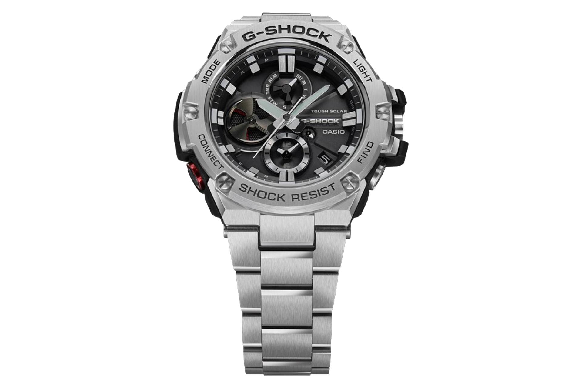 نمای جلوی ساعت مچی مردانه کاسیو جی شاک GST-B100D-1A با نمایش فریم، بند و لوگو