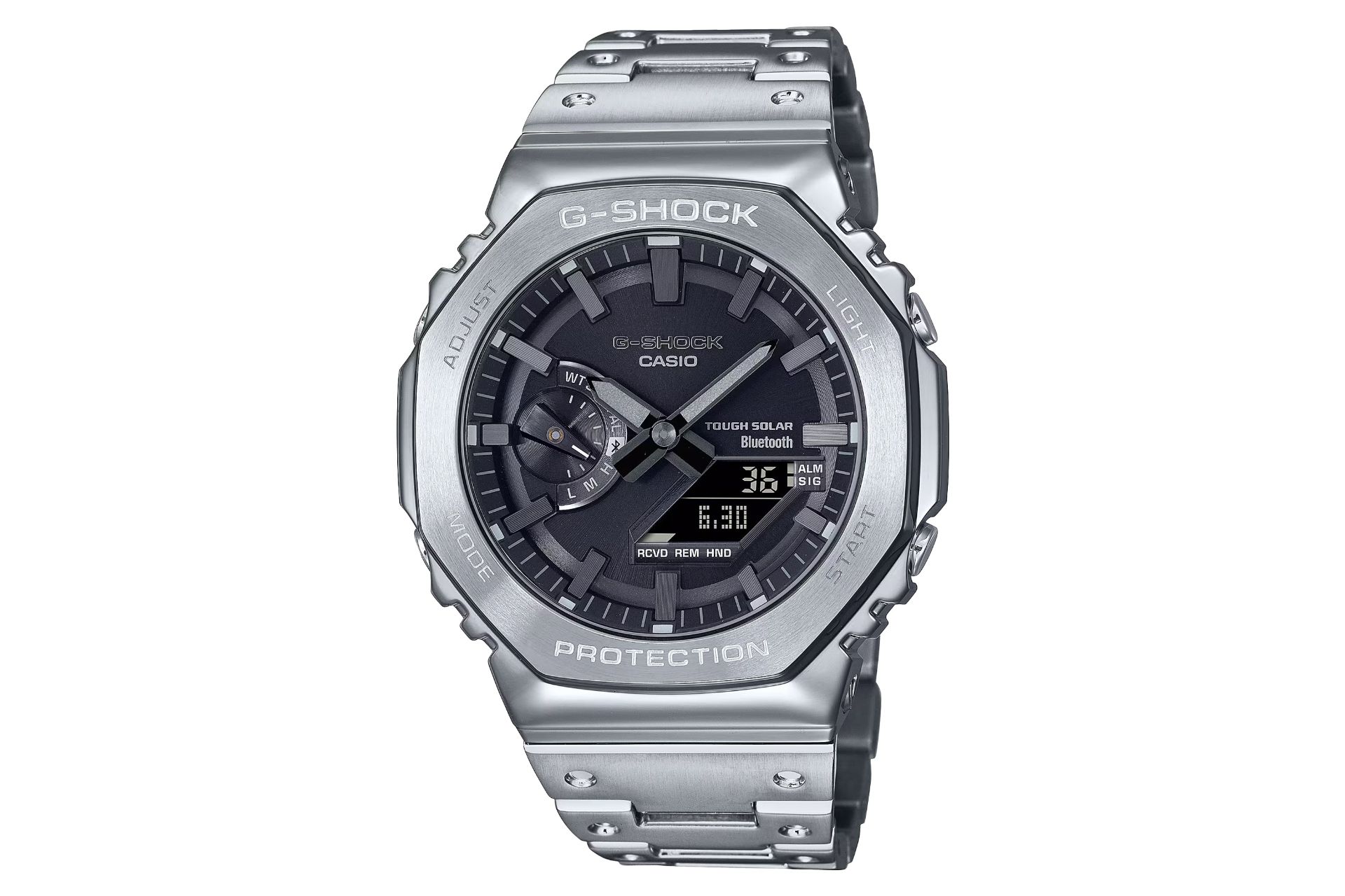 نمای جلوی ساعت مچی مردانه کاسیو جی شاک GM-B2100D-1A با نمایش فریم و صفحه