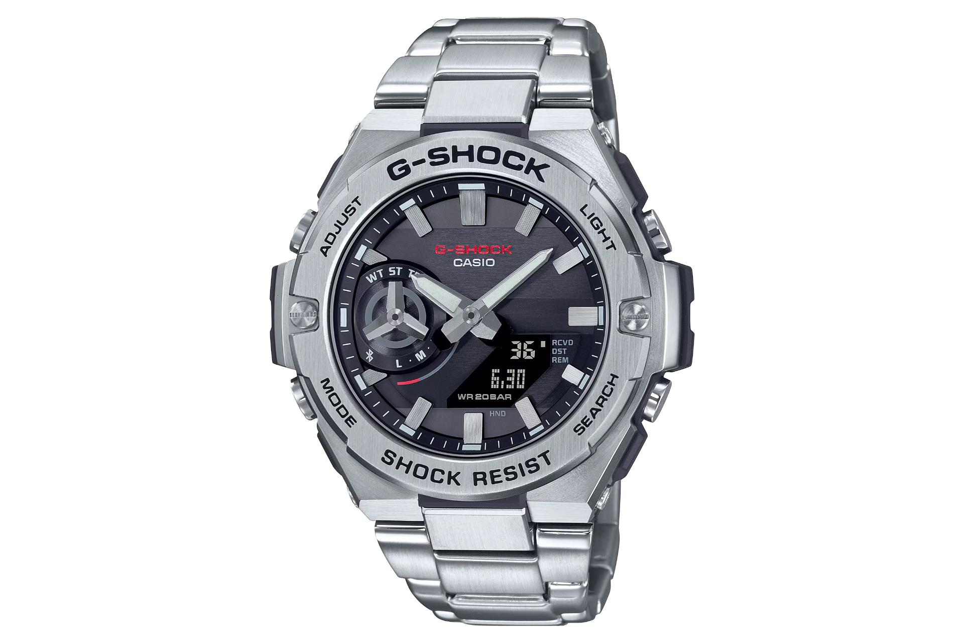 نمای جلوی ساعت مچی مردانه کاسیو جی شاک GST-B500D-1A با نمایش فریم و صفحه