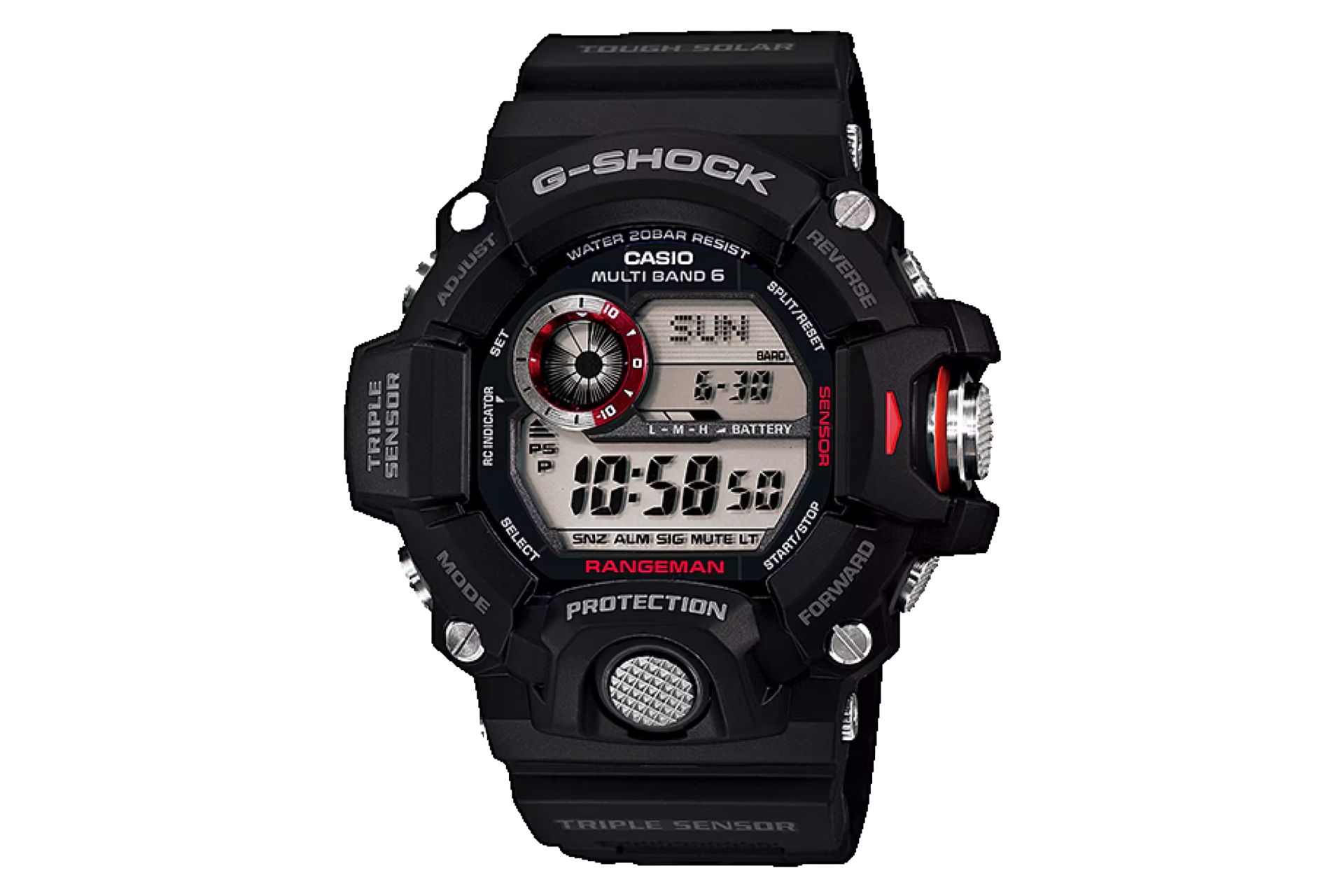 نمای جلوی ساعت مچی مردانه کاسیو جی شاک GW-9400-1 با نمایش صفحه و فریم