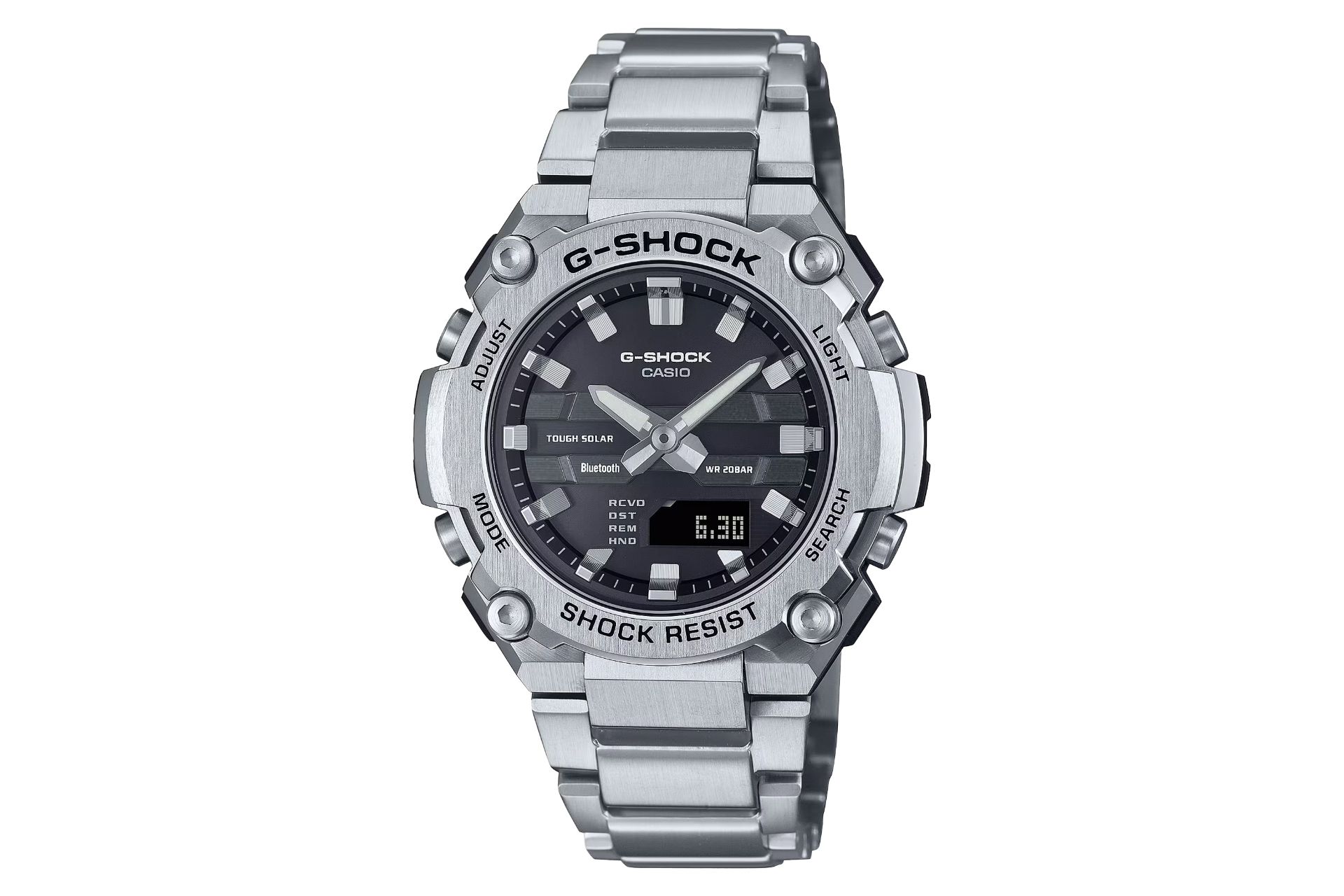 نمای جلوی ساعت مچی مردانه کاسیو جی شاک GST-B600D-1A با نمایش فریم و صفحه