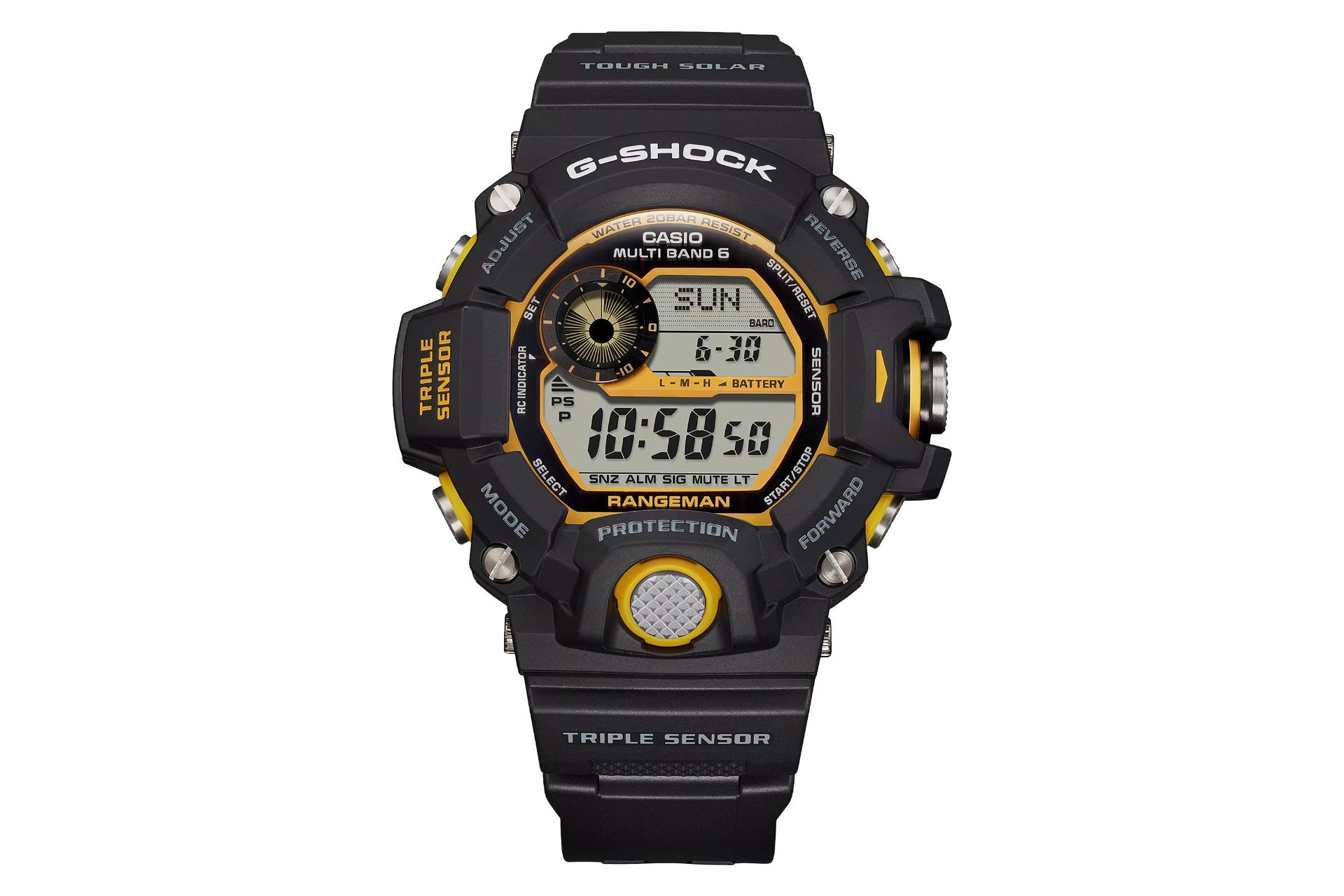 نمای جلوی ساعت مچی مردانه کاسیو جی شاک GW-9400Y-1 با نمایش صفحه و فریم