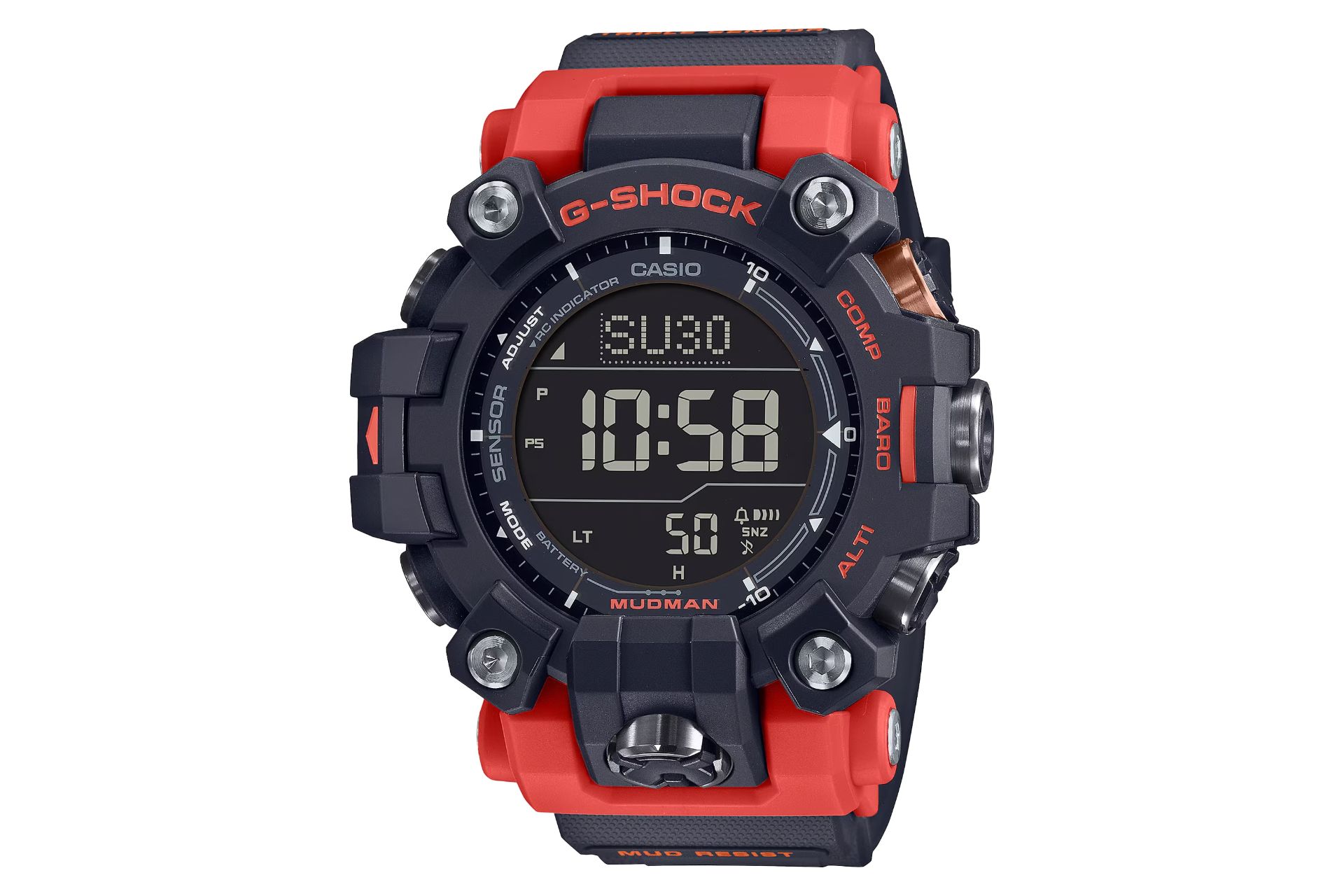 نمای جلوی ساعت مچی مردانه کاسیو جی شاک GW-9500-1A4 با نمایش صفحه و فریم