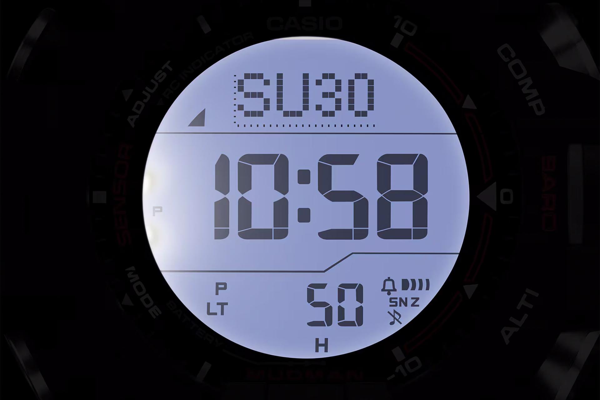 نمای جلوی ساعت مچی مردانه کاسیو جی شاک GW-9500-1 با نمایش نور پس‌زمینه