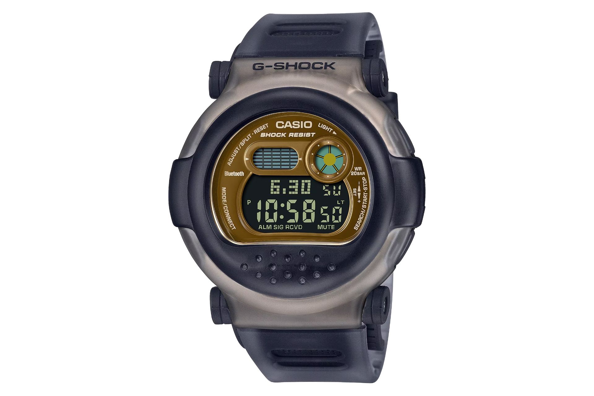 نمای جلوی ساعت مچی مردانه کاسیو جی شاک G-B001MVB-8 با نمایش فریم و صفحه همراه با کاور مخصوص