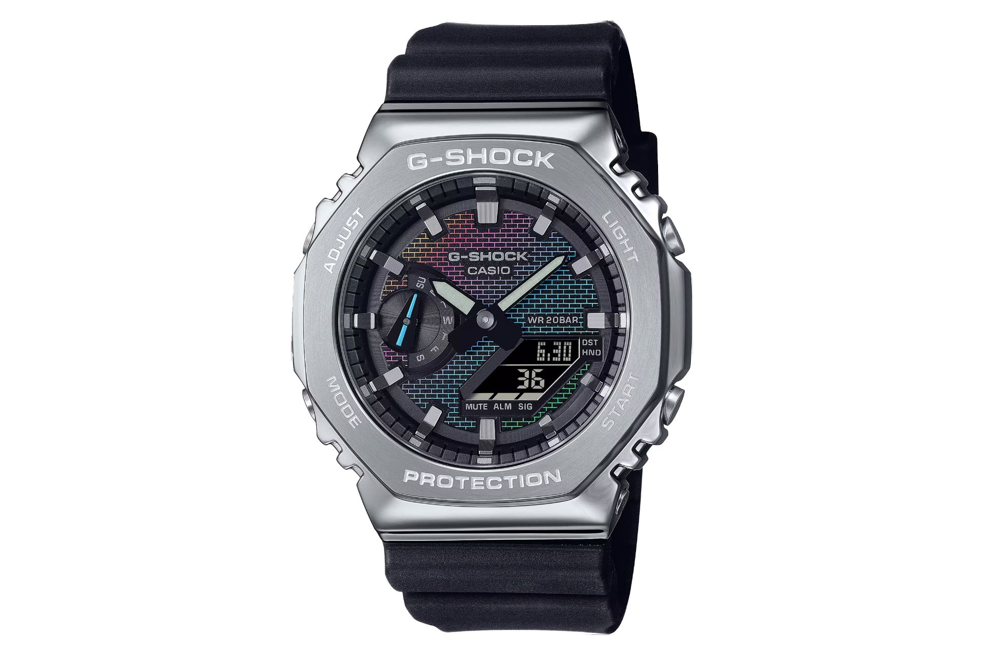 نمای جلوی ساعت مچی مردانه کاسیو جی شاک GM-2100RW-1A با نمایش صفحه و فریم