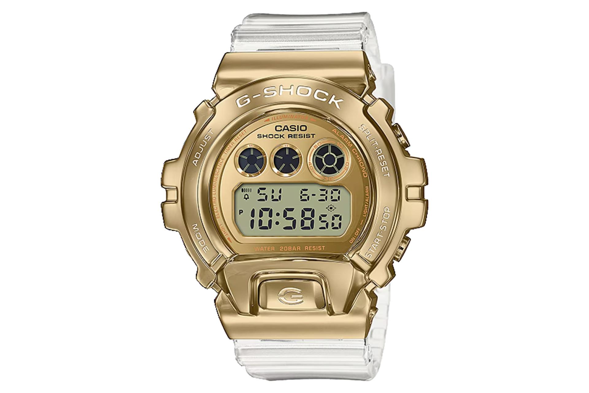 نمای جلوی ساعت مچی مردانه کاسیو جی شاک GM-6900SG-9 با نمایش صفحه و فریم