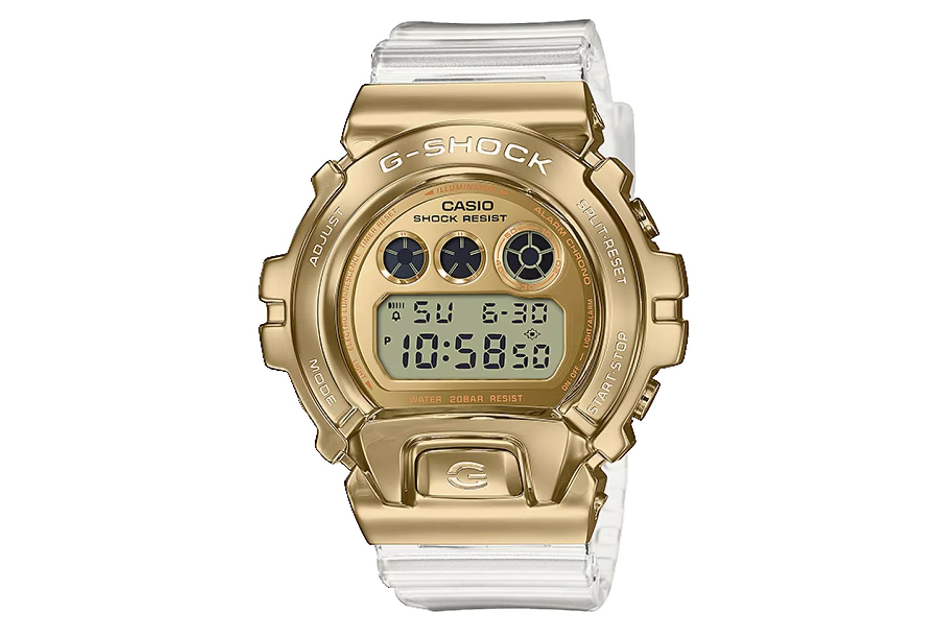 نمای جلوی ساعت مچی مردانه کاسیو جی شاک GM-6900SG-9 با نمایش صفحه و فریم