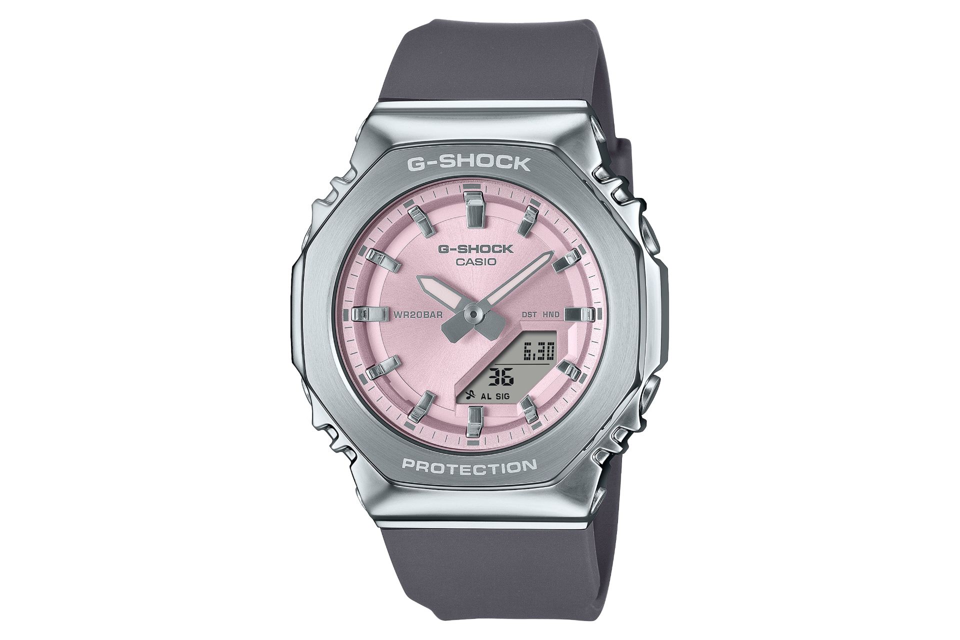 نمای جلوی ساعت مچی زنانه کاسیو جی شاک GM-S2110-4A با نمایش فریم و صفحه