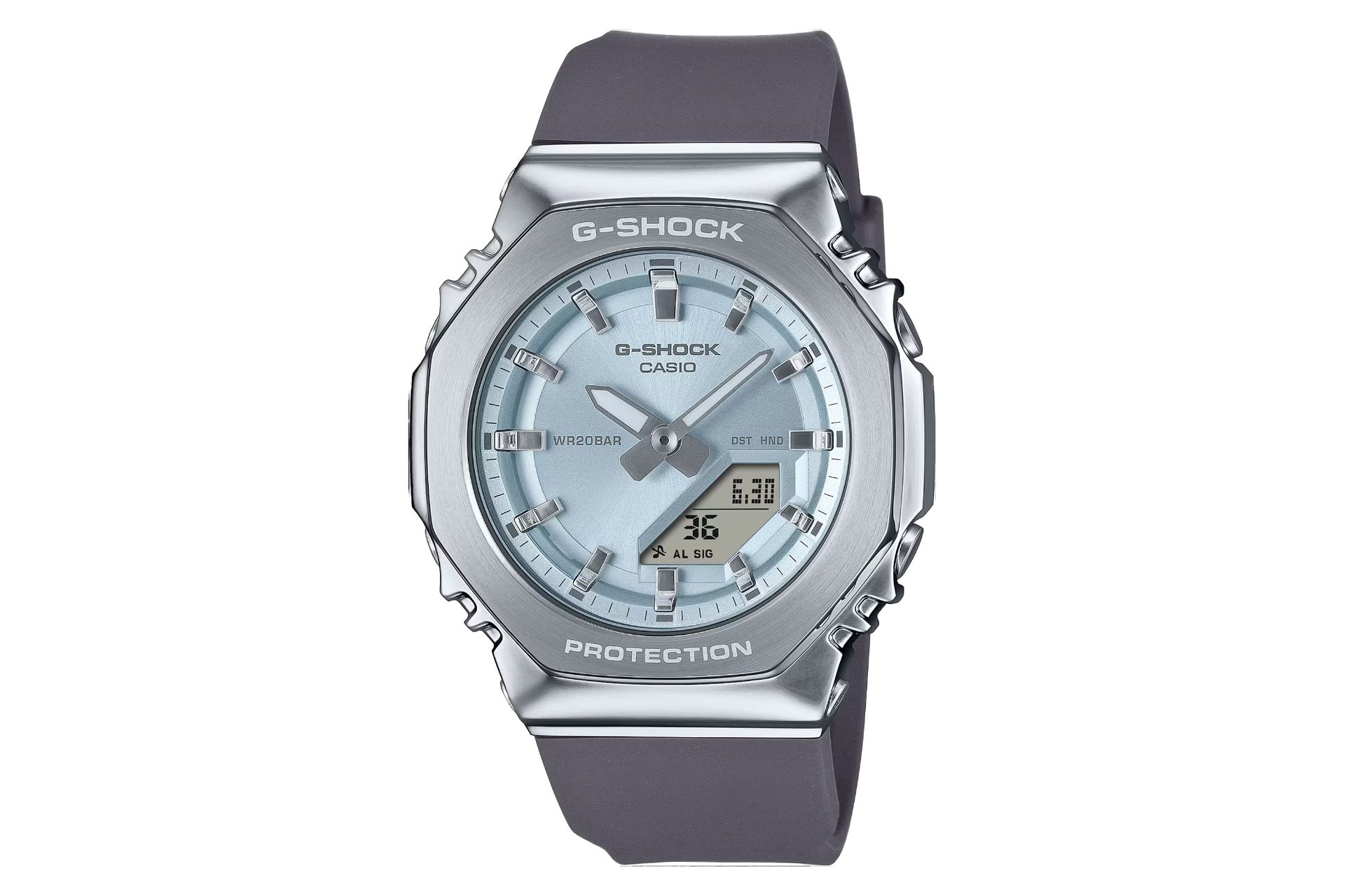 نمای جلوی ساعت مچی زنانه کاسیو جی شاک GM-S2110-2A با نمایش فریم و صفحه