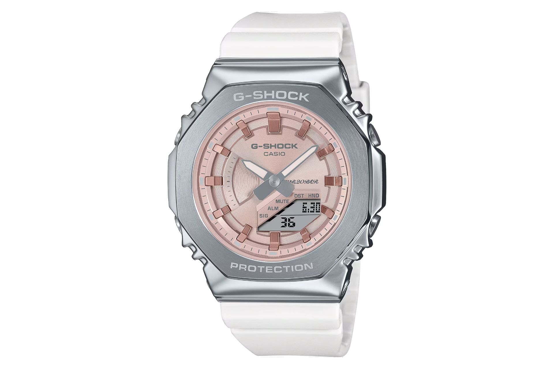 نمای جلوی ساعت مچی زنانه کاسیو جی شاک GM-S2100WS-7A با نمایش فریم و صفحه