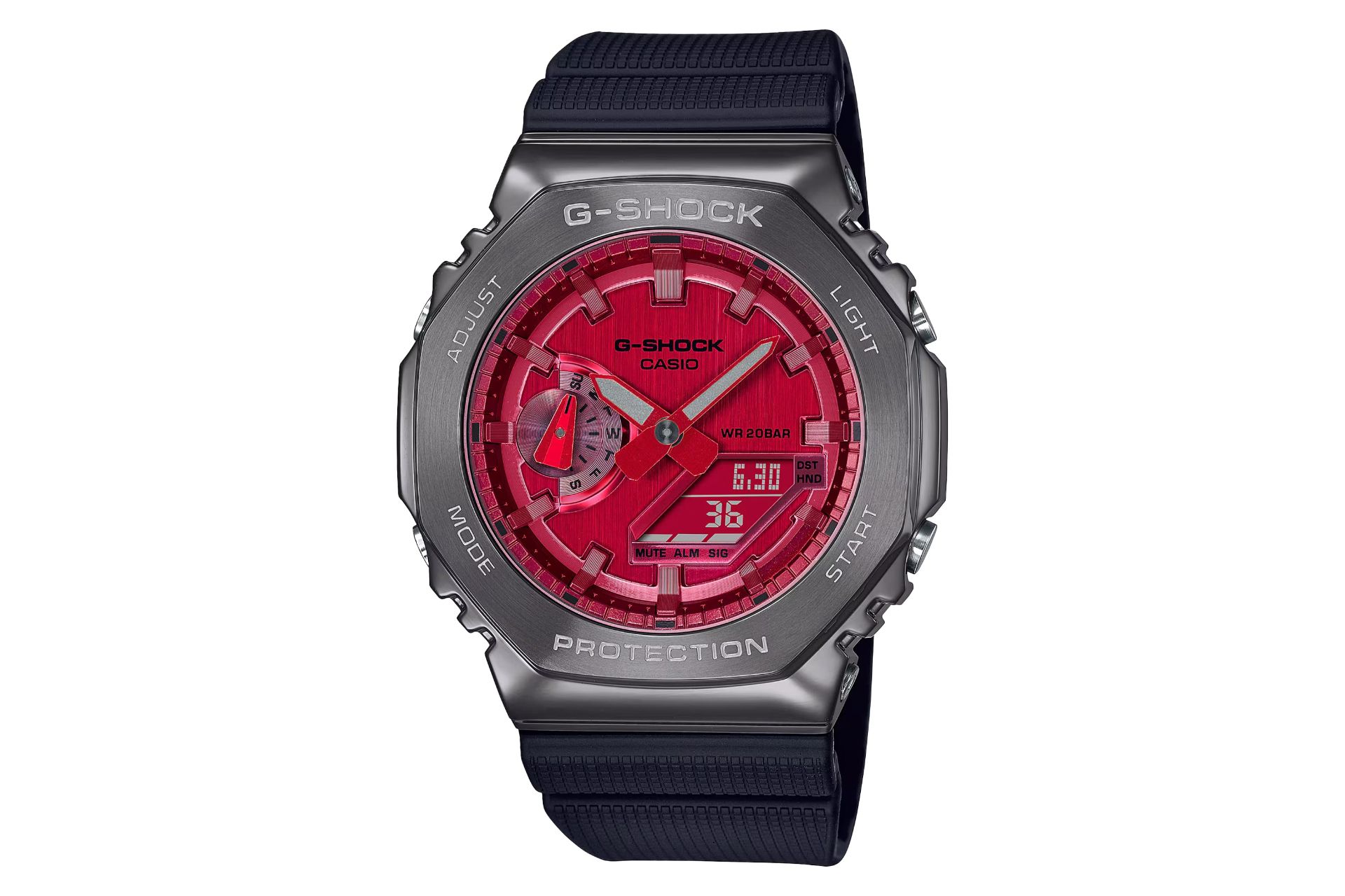 نمای جلوی ساعت مچی مردانه کاسیو جی شاک GM-2100B-4A با نمایش صفحه و فریم