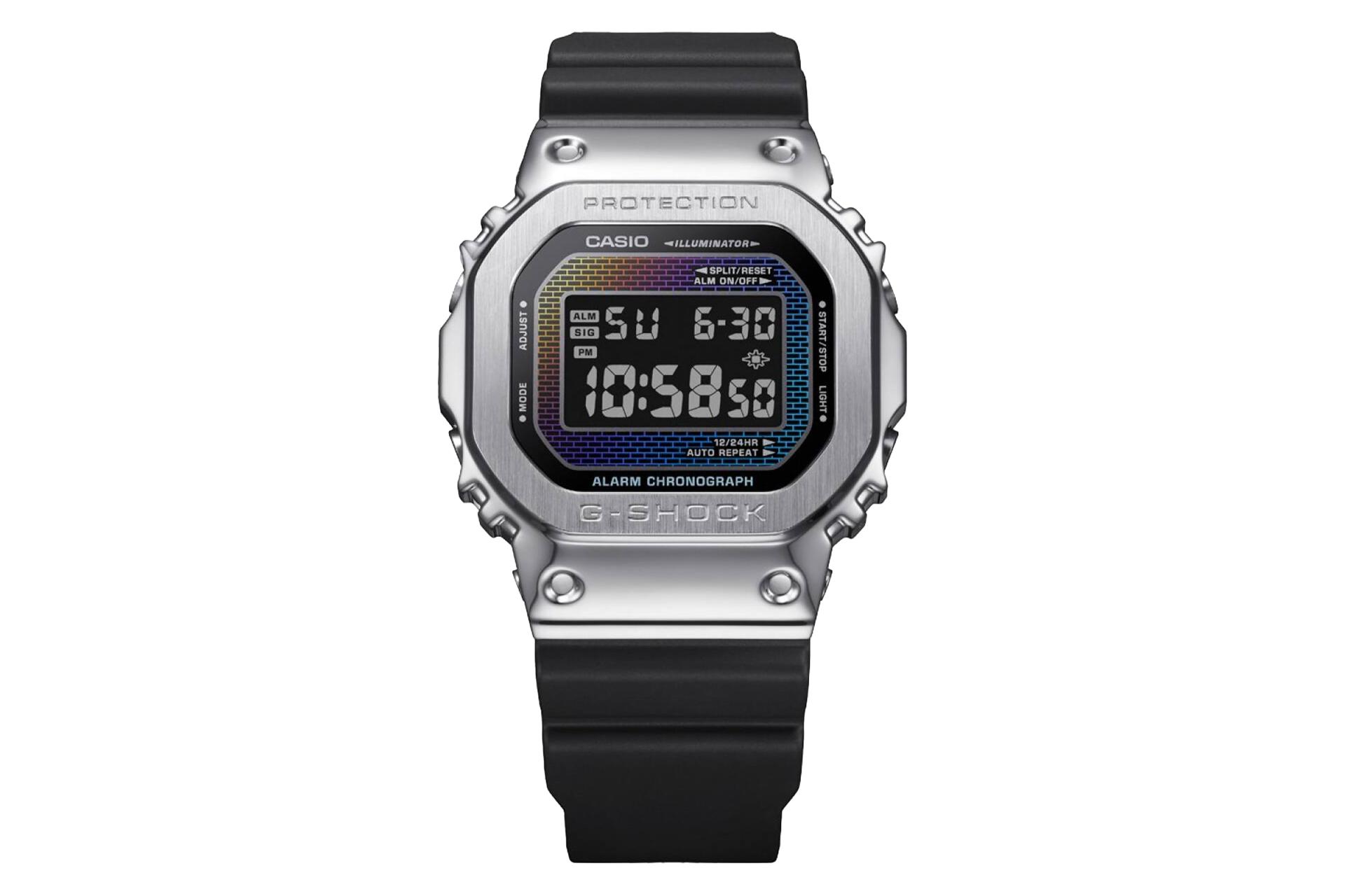 نمای جلوی ساعت مچی مردانه کاسیو جی شاک GM-5600RW-1 با نمایش بند، لوگو و صفحه