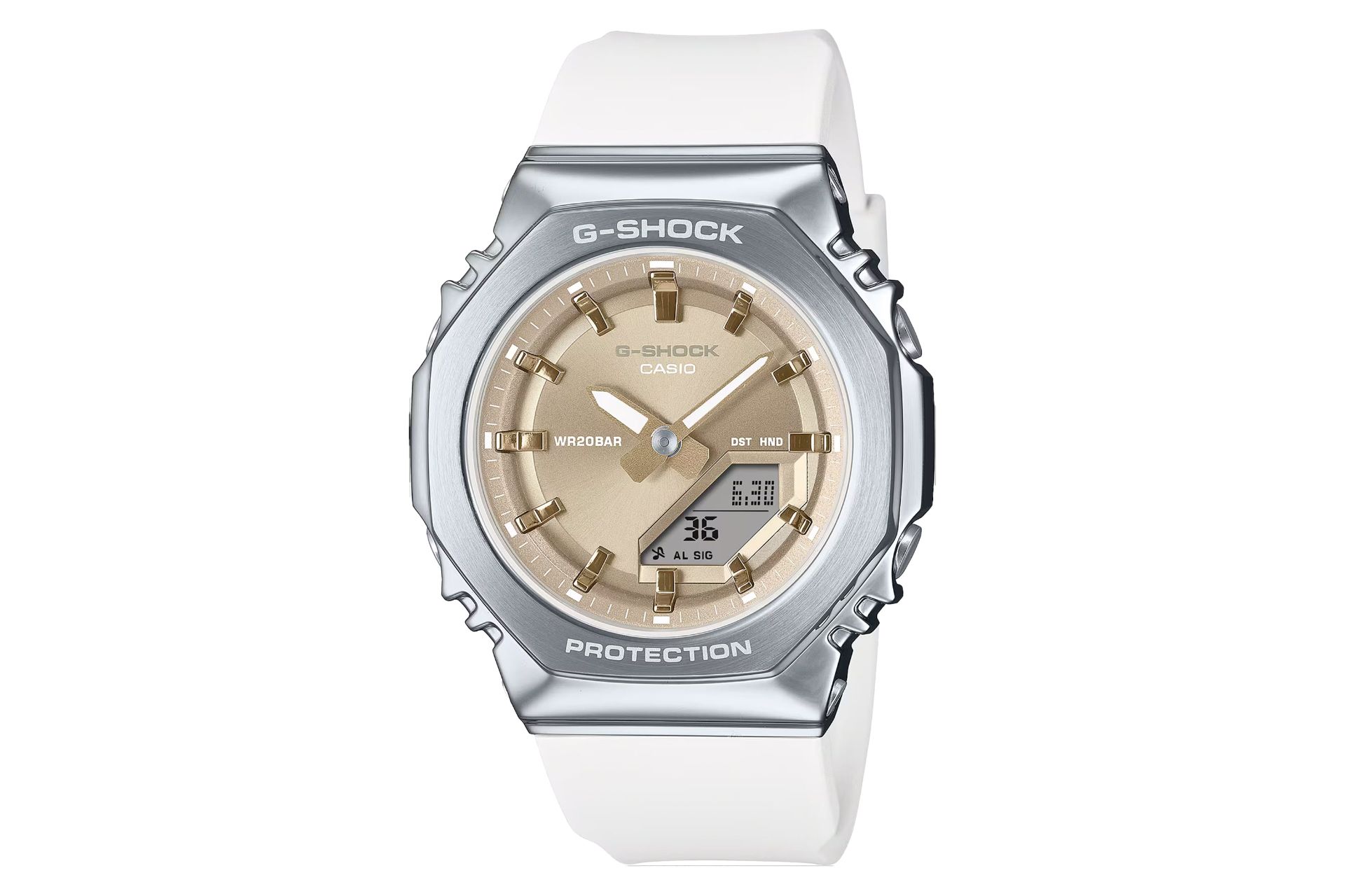 نمای جلوی ساعت مچی زنانه کاسیو جی شاک GM-S2110-7A9 با نمایش صفحه و فریم