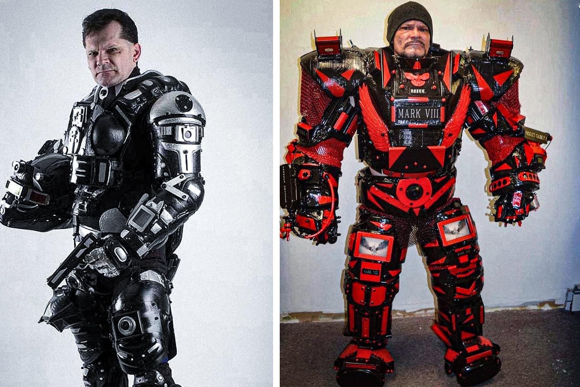 یک مرد داخل لباس فلزی و بزرگ به رنگ مشکی و قرمز