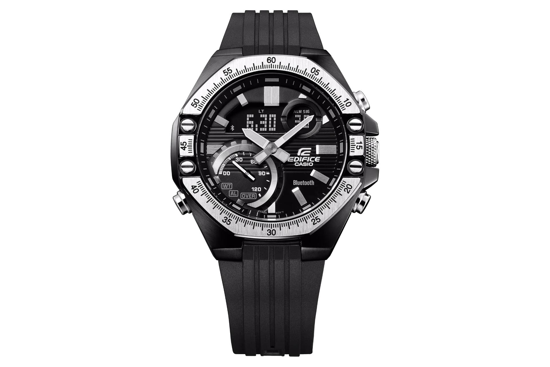 نمای جلوی ساعت مچی مردانه کاسیو Edifice ECB-10TP-1A با نمایش لوگو و بند