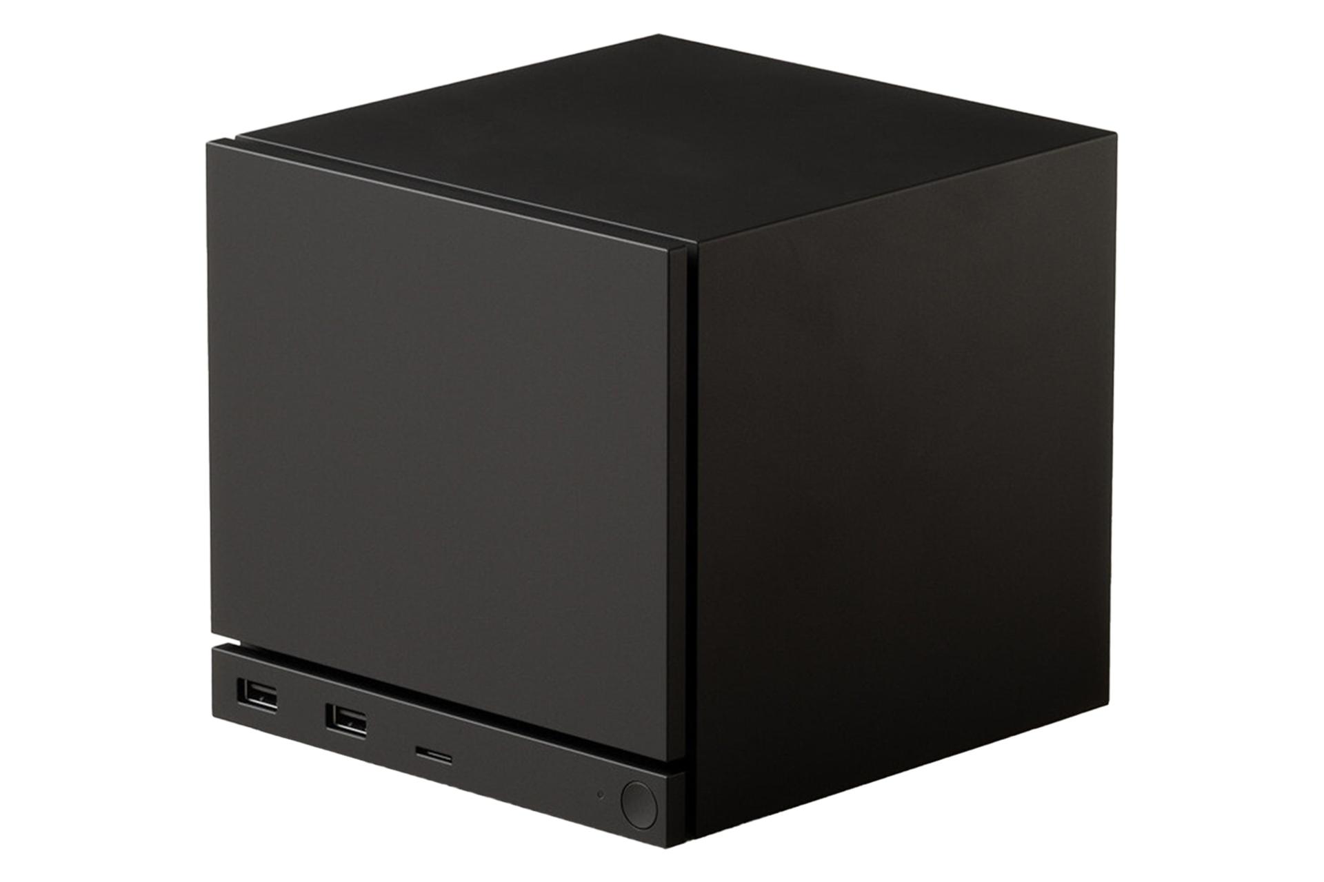 نمای سه رخ کنسول بازی استیم ماشین ولو / Valve Steam Machine با نمایش پنل جلو، بالا و سمت راست