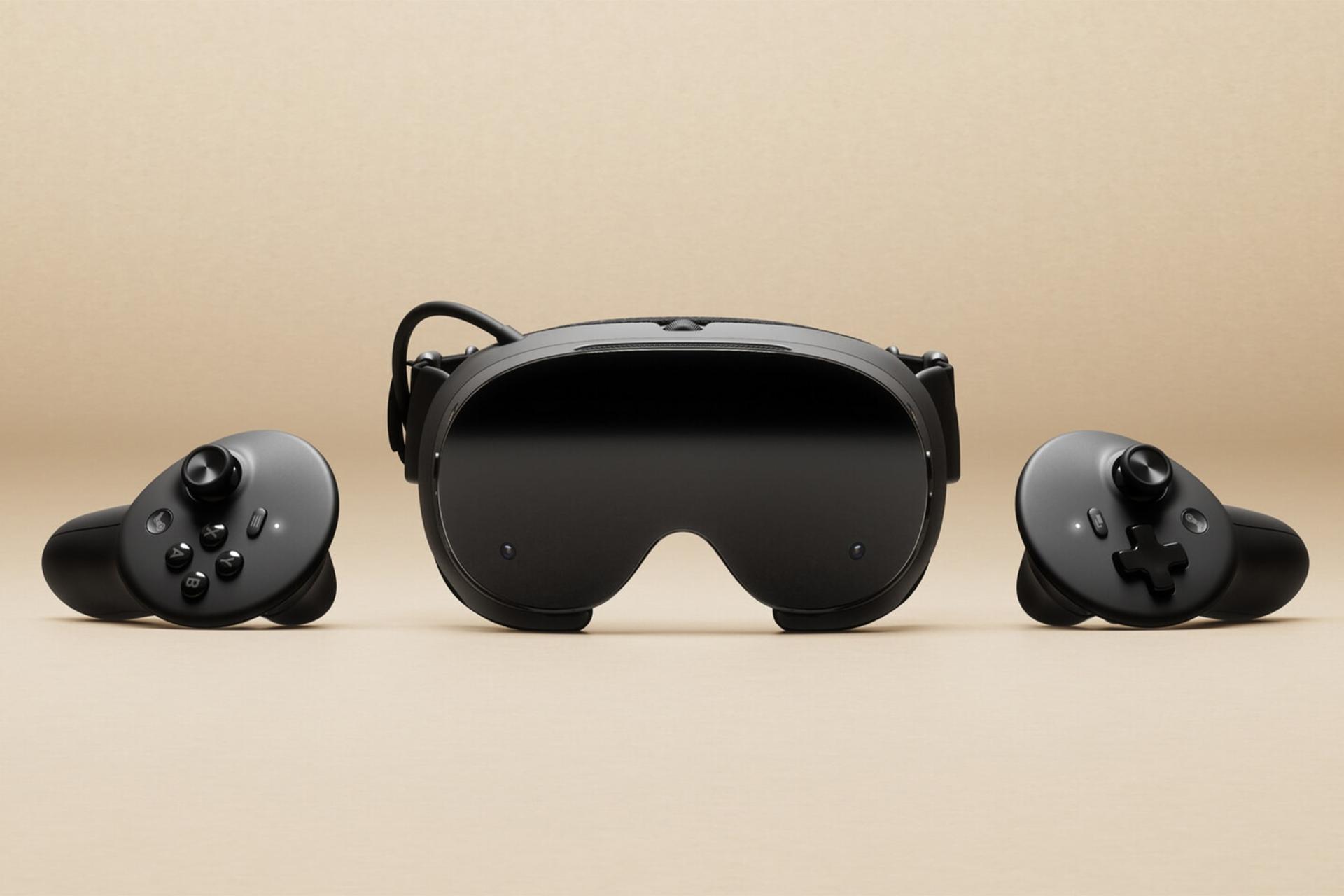 نمای جلوی هدست واقعیت مجازی ولو استیم فریم / Valve Steam Frame با نمایش هدست و کنترلرها