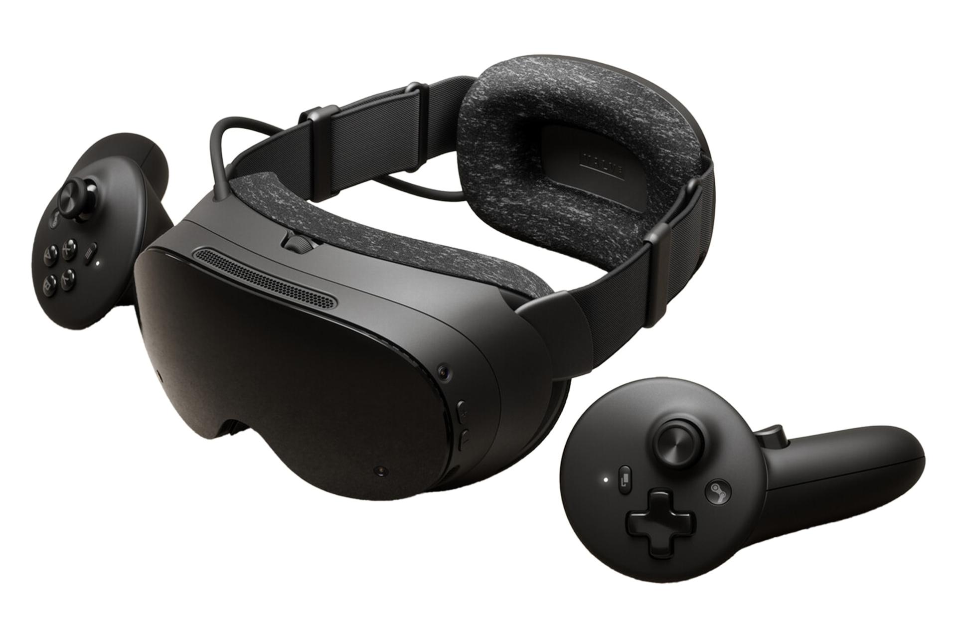 نمای کلی هدست واقعیت مجازی ولو استیم فریم / Valve Steam Frame با نمایش هدست و کنترلرها