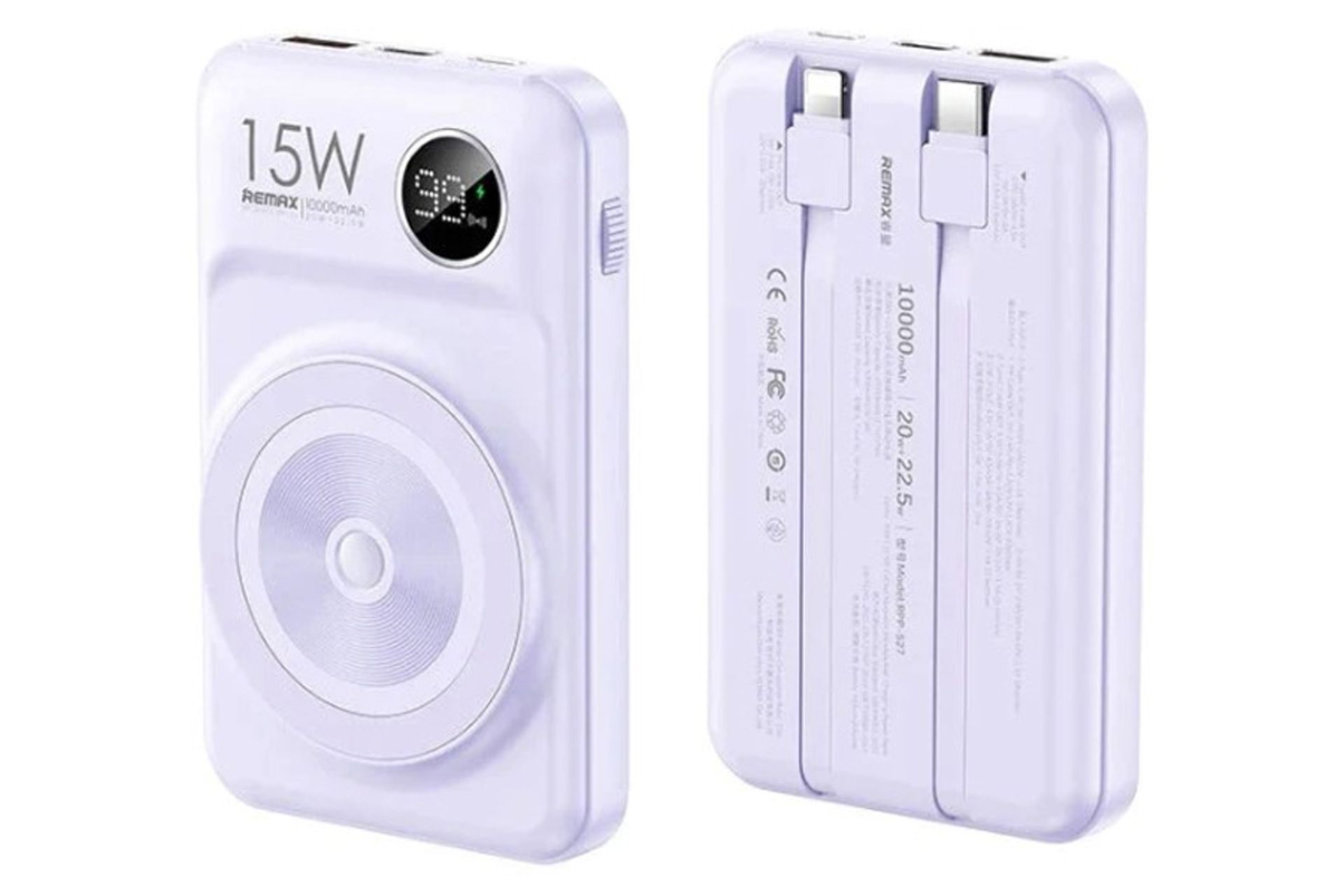 رنگ بنفش پاور بانک ریمکس RPP-527 Lecho Series با ظرفیت 10000 میلی‌آمپر ساعت و امکان شارژ بی‌سیم