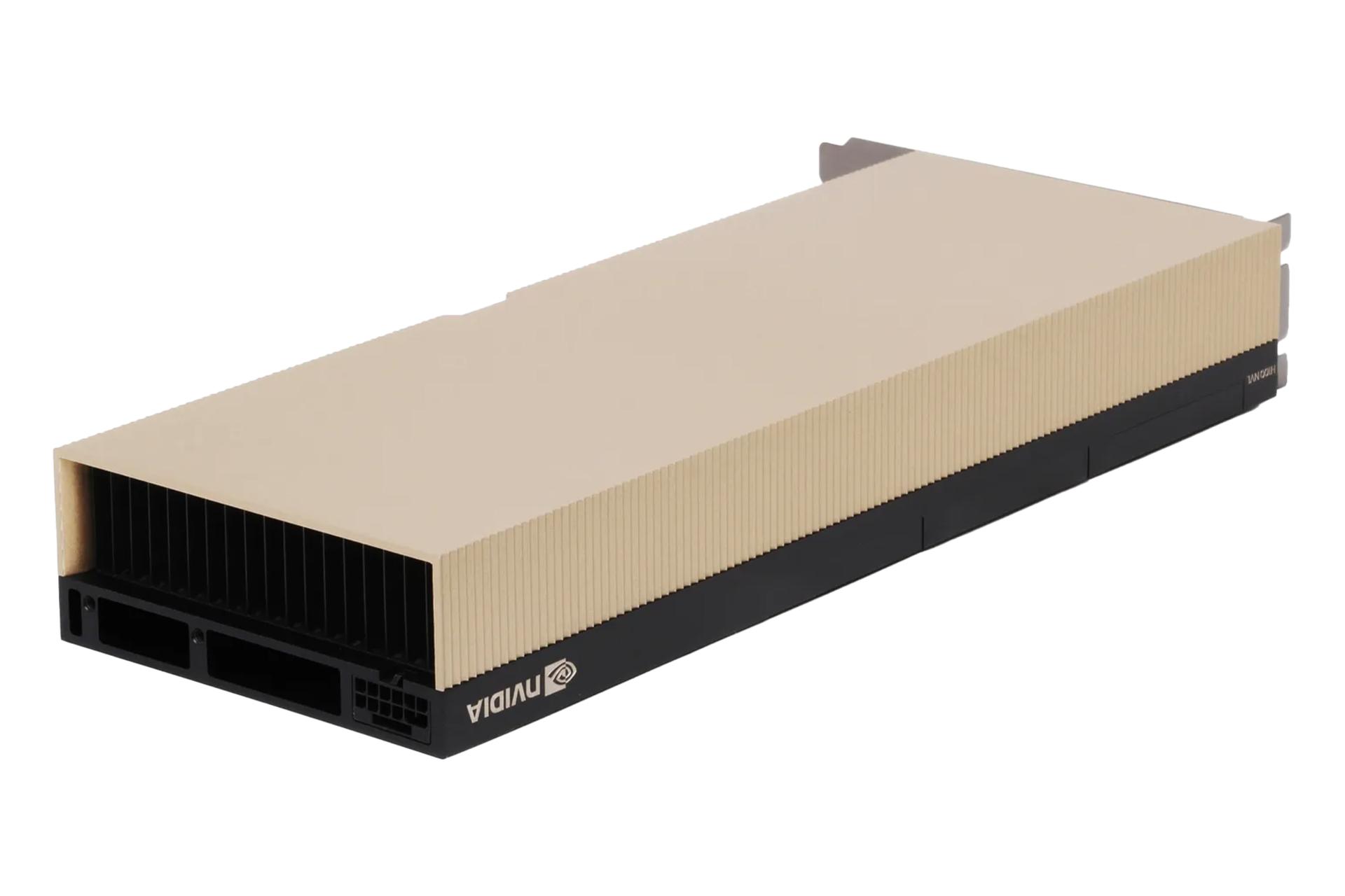 نمای سه چهارم کارت گرافیک انویدیا H100 PCIe نسخه 80 گیگابایت با نمایش لوگو و درگاه برق