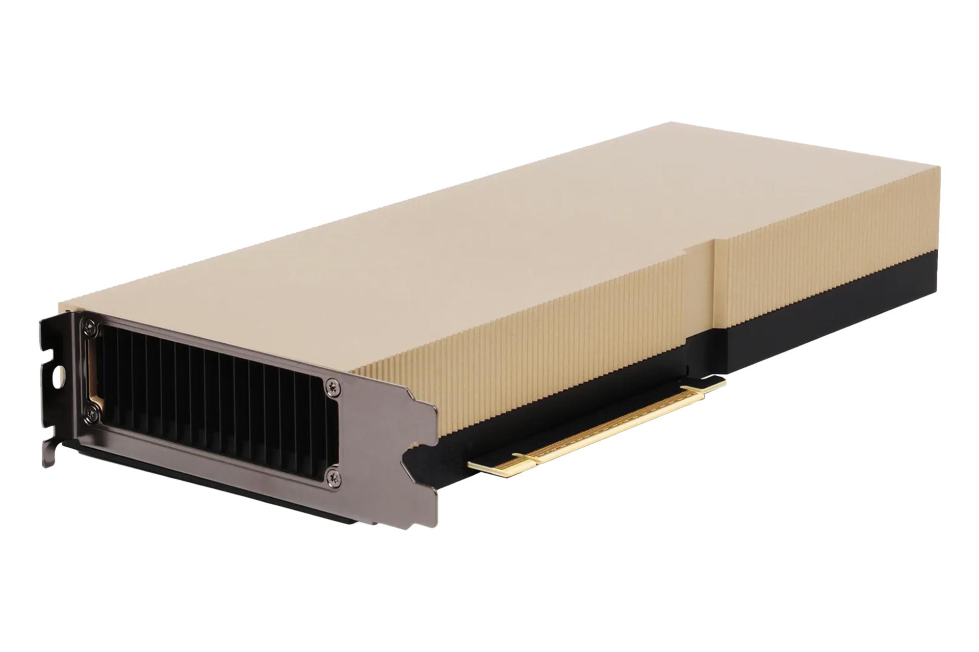 نمای سه چهارم کارت گرافیک انویدیا H100 PCIe نسخه 80 گیگابایت با نمایش براکت پشت و خروجی هوا