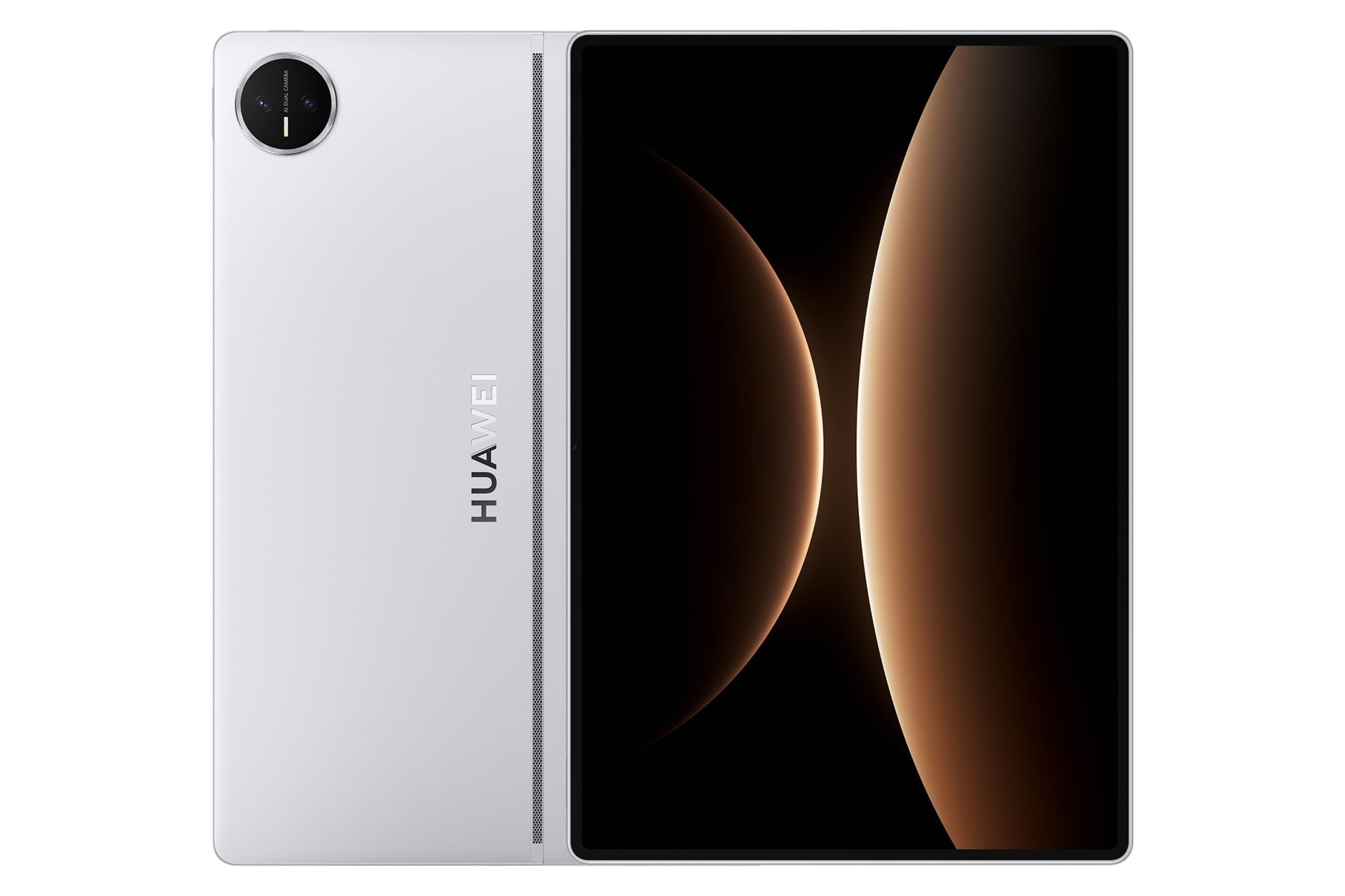 نمای کلی تبلت میت پد اج هواوی / Huawei MatePad Edge با نمایشگر روشن و نمایش دوربین و لوگوی پنل پشت