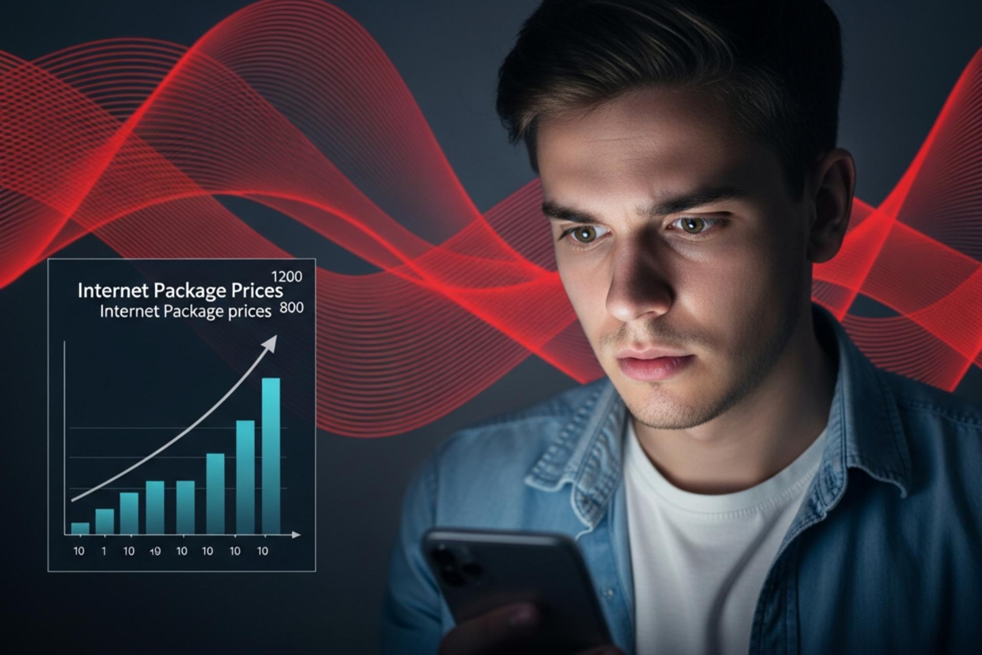 مرد نگران و نمودار صعودی قیمت اینترنت روی موبایل