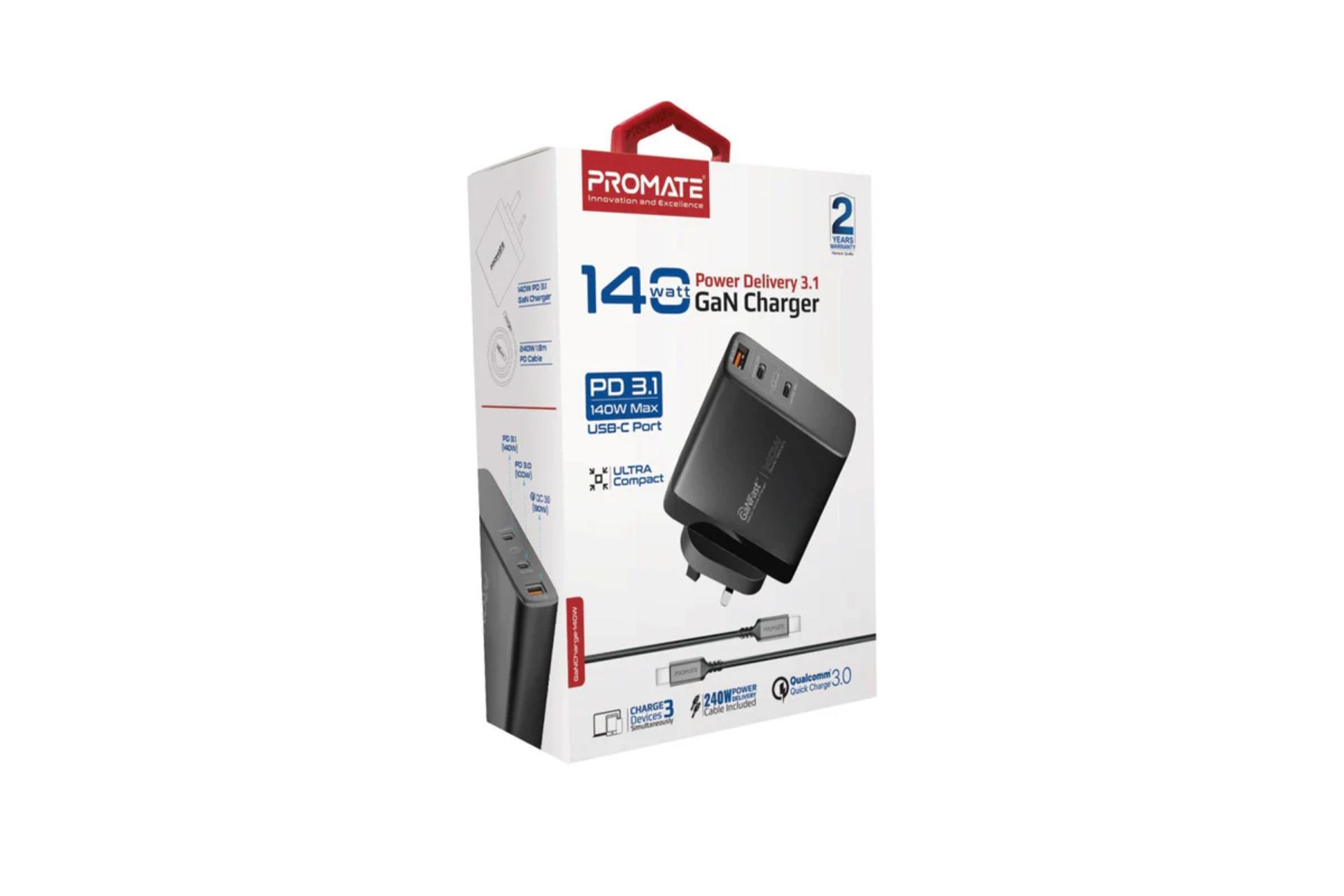 جعبه شارژر پرومیت GaNCharge-140W همراه با کابل Type-C
