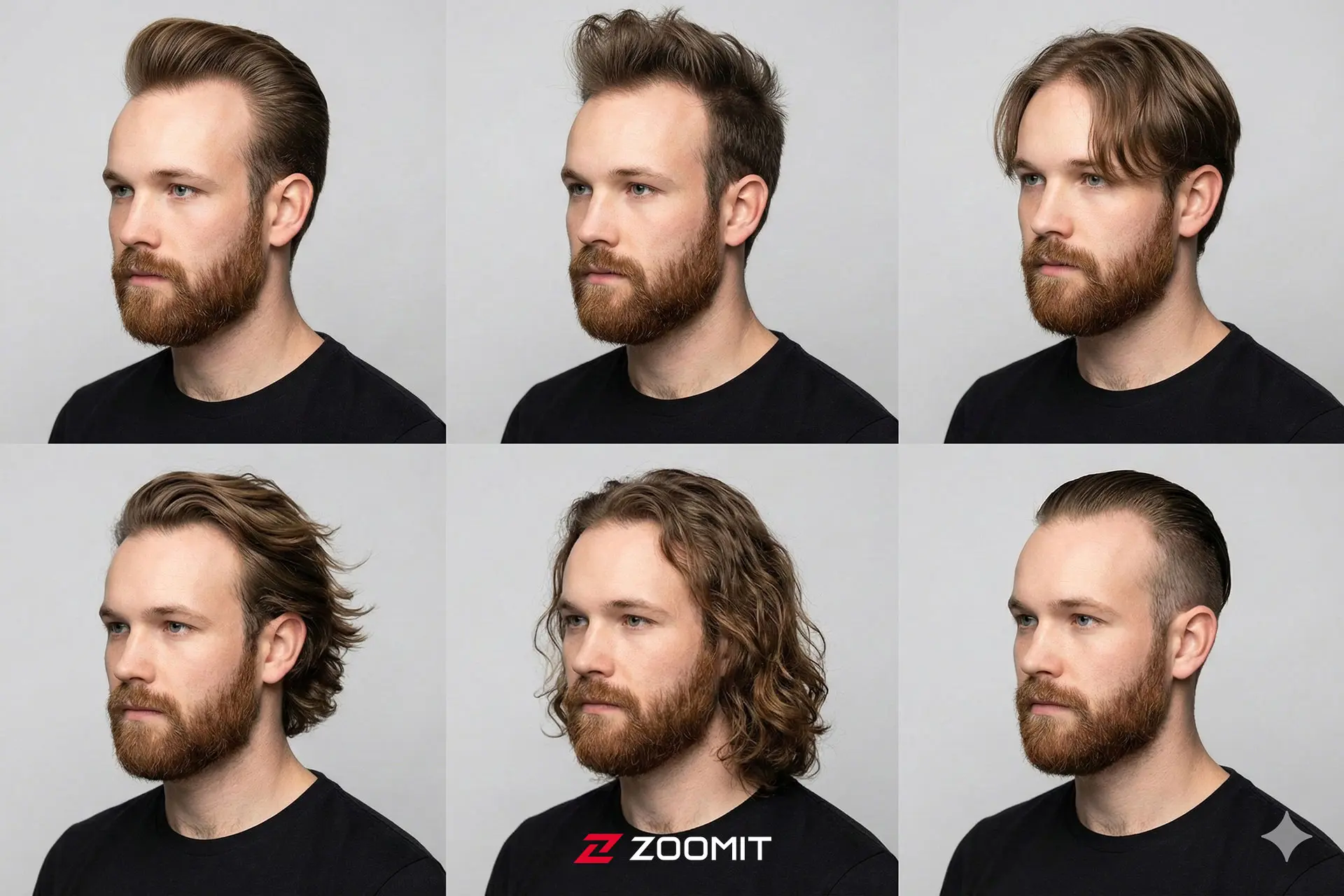 یک جدول ۲ در ۳ شامل پرتره‌ی یک مرد با مدل‌های مو متفاوت