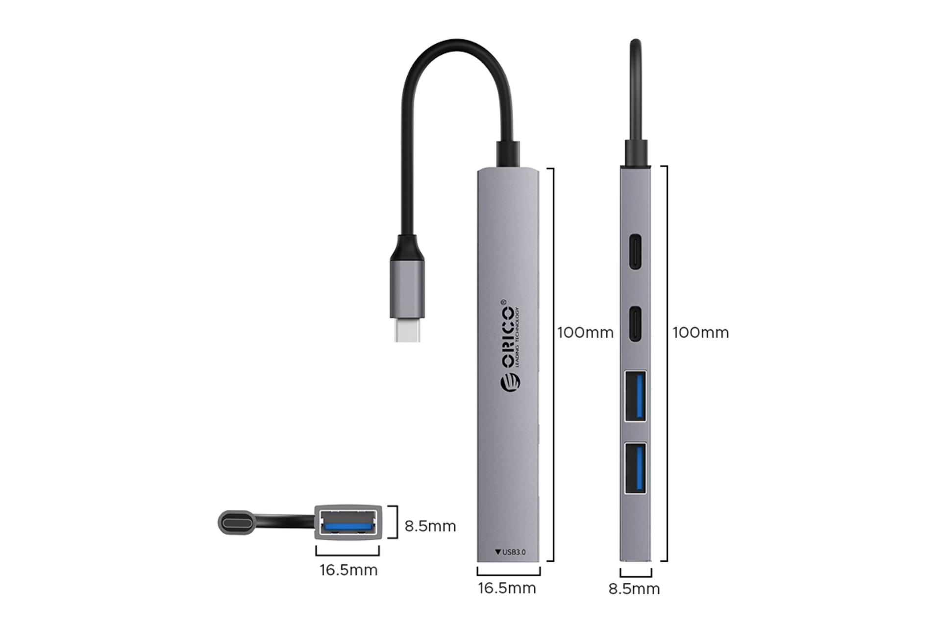 ابعاد و اندازه هاب USB هاب USB-C اوریکو 5 پورت مدل YSB4-U2