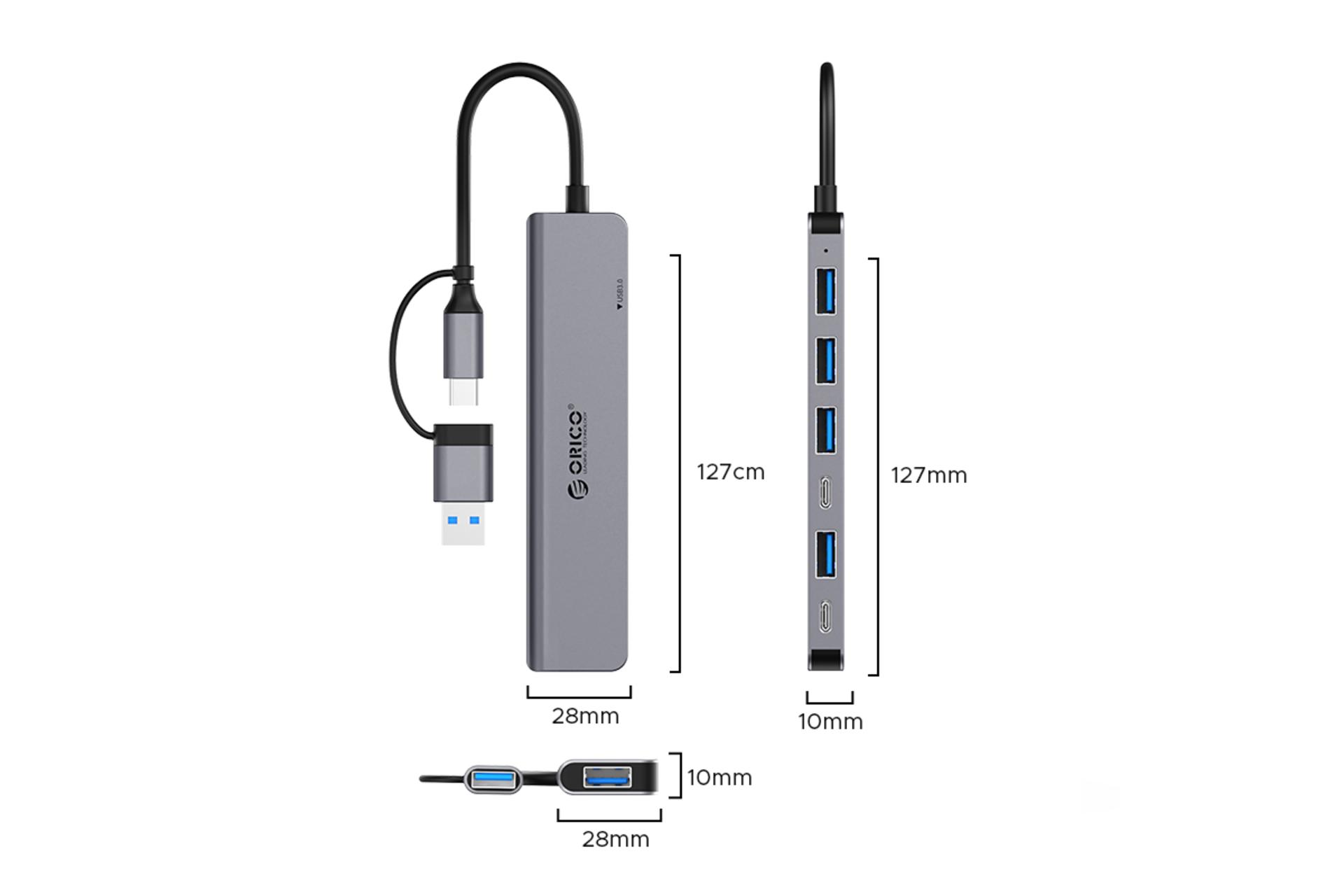 ابعاد و اندازه هاب USB هاب USB-C اوریکو 7 پورت مدل YSA7-U3