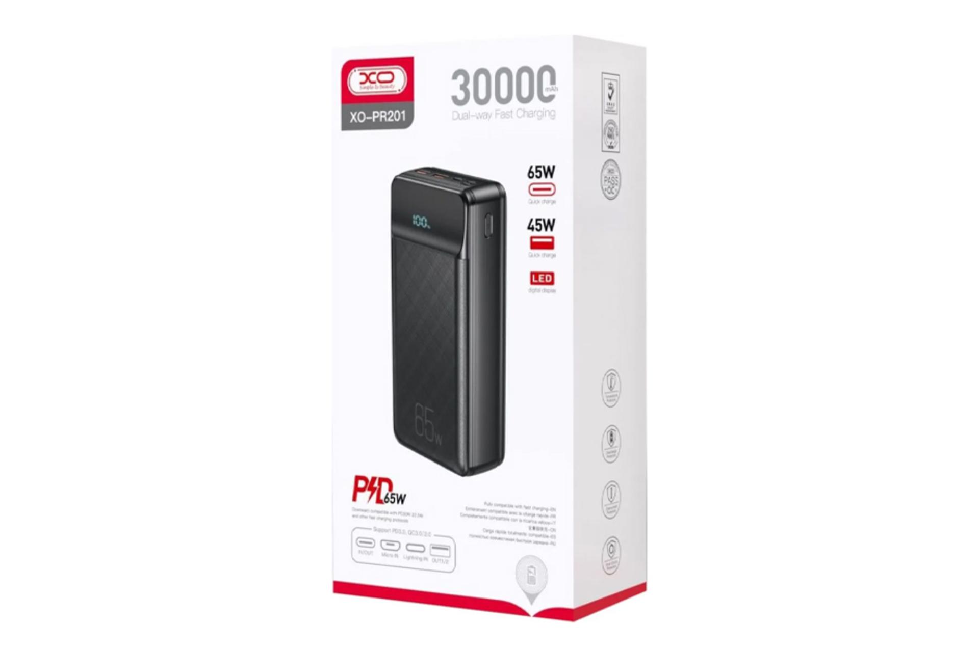 جعبه پاور بانک ایکس او PR201 با ظرفیت 30000 میلی‌آمپر ساعت