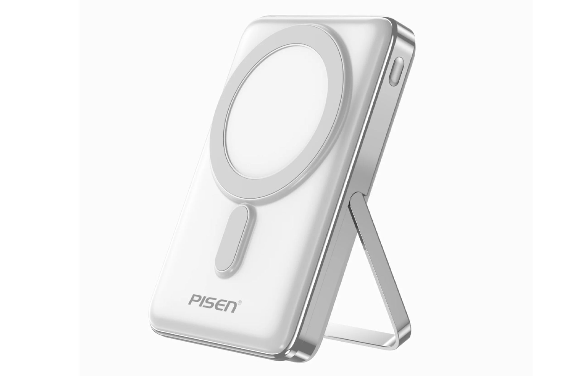 رنگ سفید پاور بانک پایزن 30W Magnetic TP-D080 با ظرفیت 10000 میلی‌آمپر ساعت و امکان شارژ بی سیم