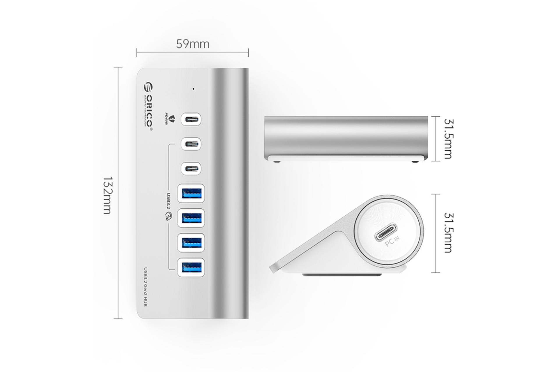 ابعاد و اندازه هاب USB هاب USB-C اوریکو 7 پورت مدل M3U4C3-G2